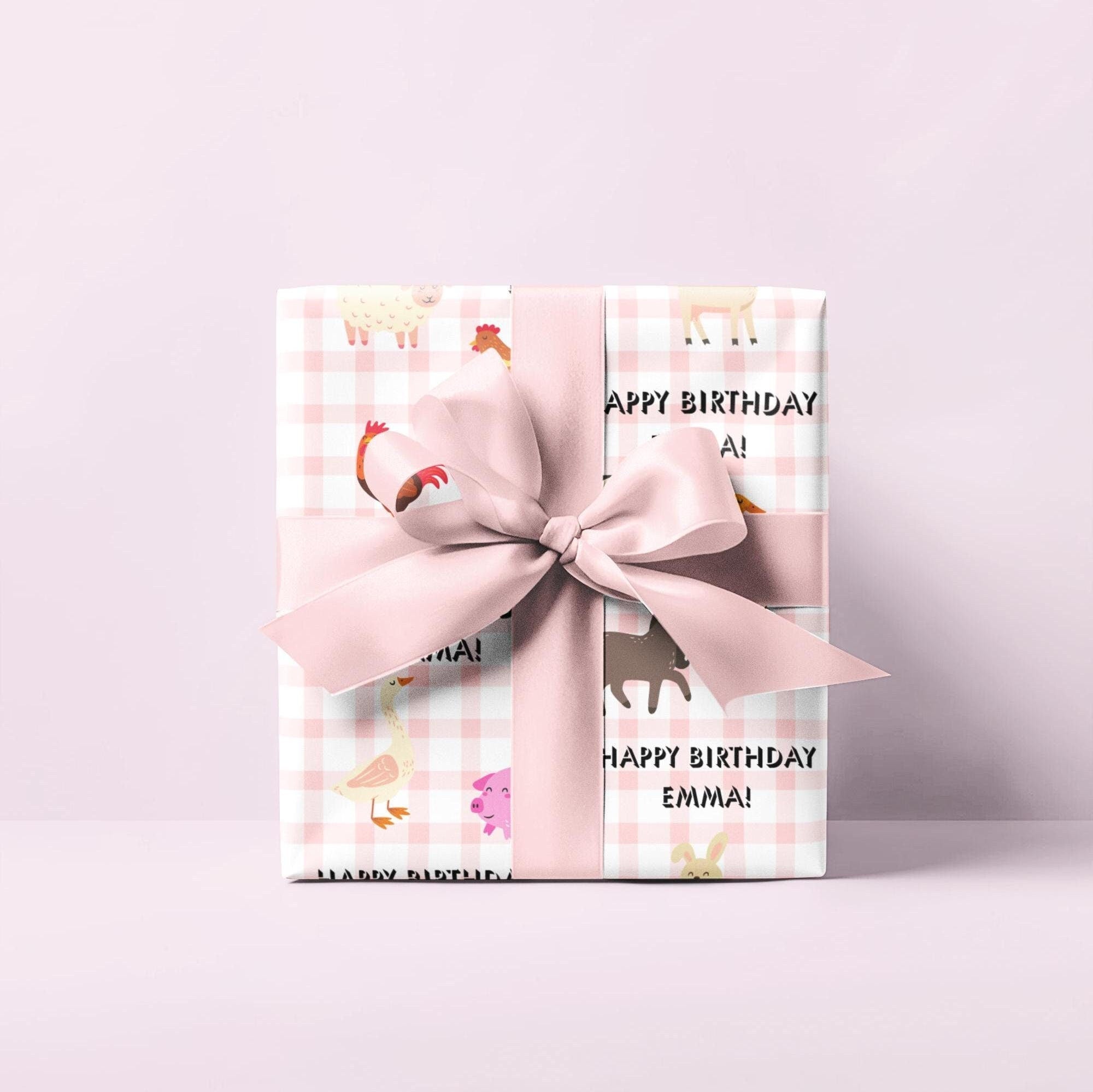 Farm Animal Gingham Personalized Birthday Wrapping Paper