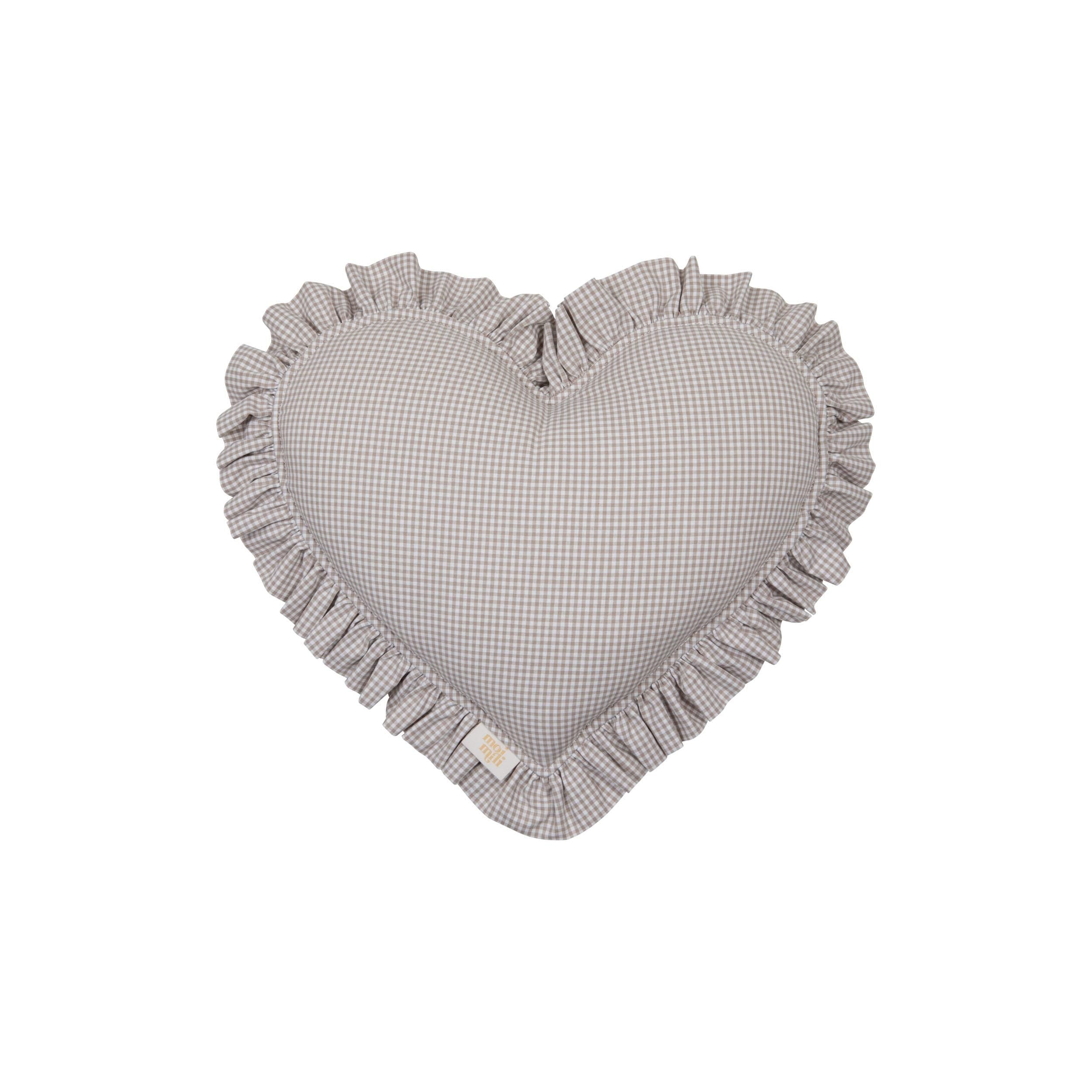 "beige" Heart Pillow With Checkered Frill