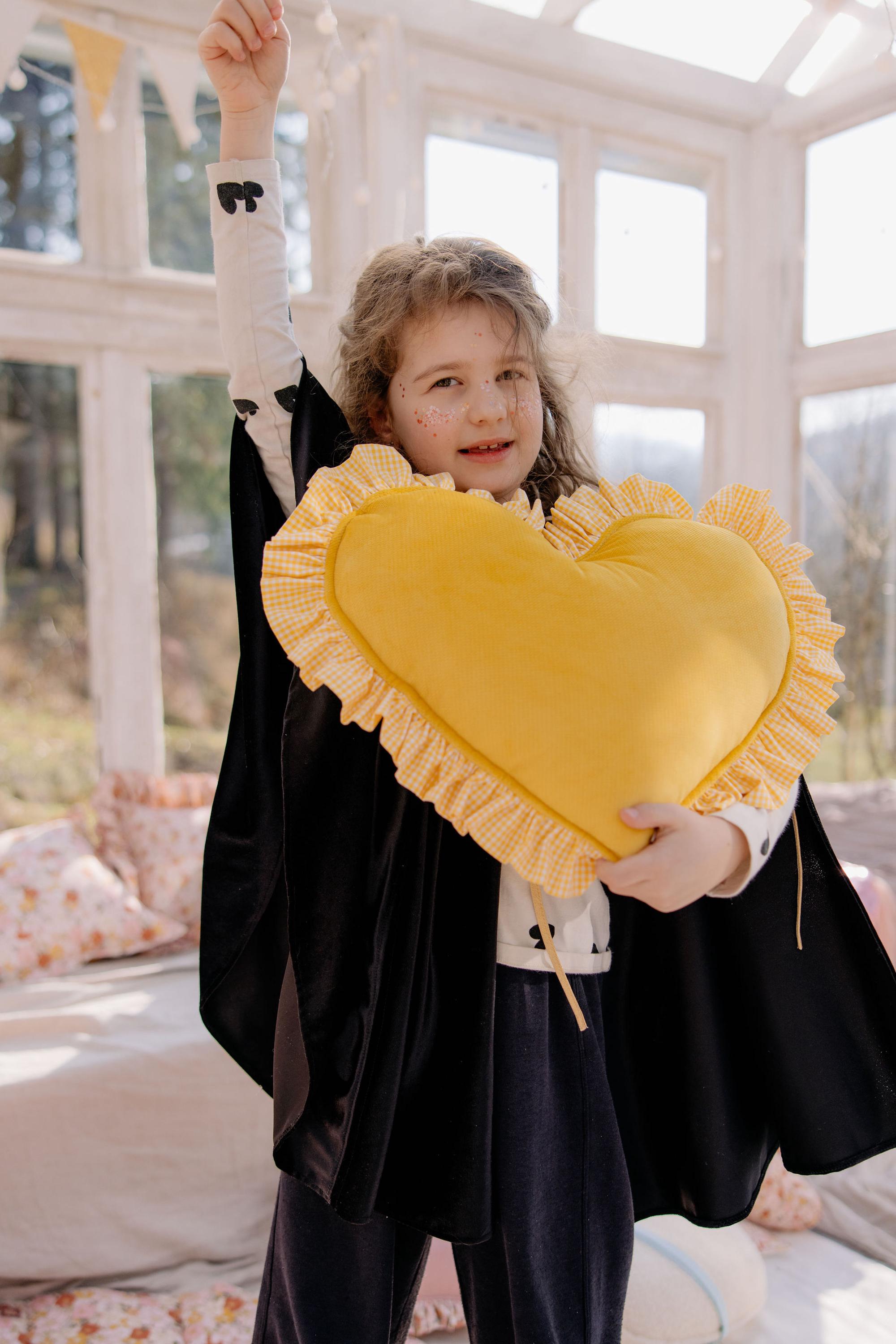 "butter Yellow" Heart Pillow With Checkered Frill