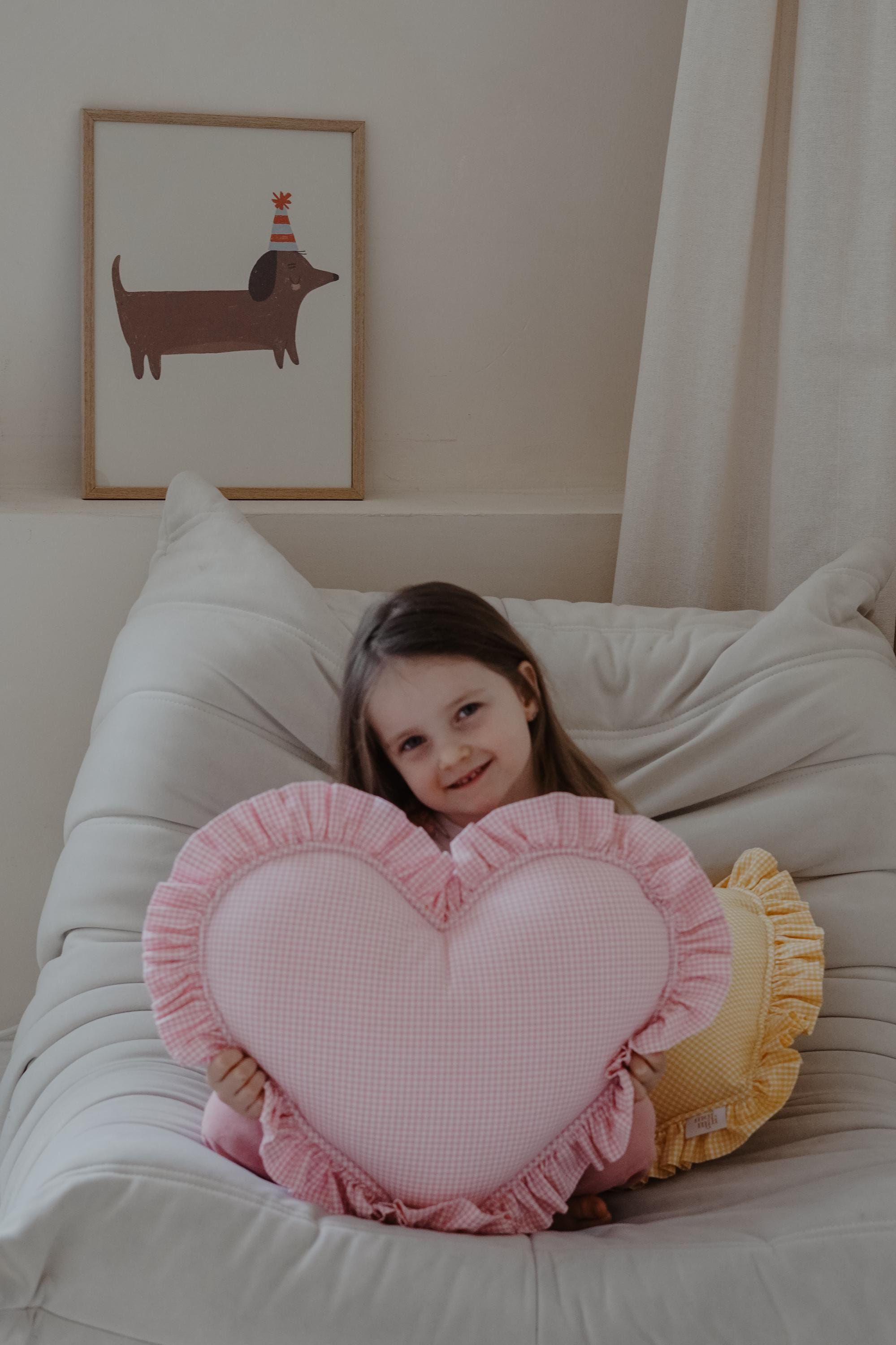 "pink" Heart Pillow With Checkered Frill