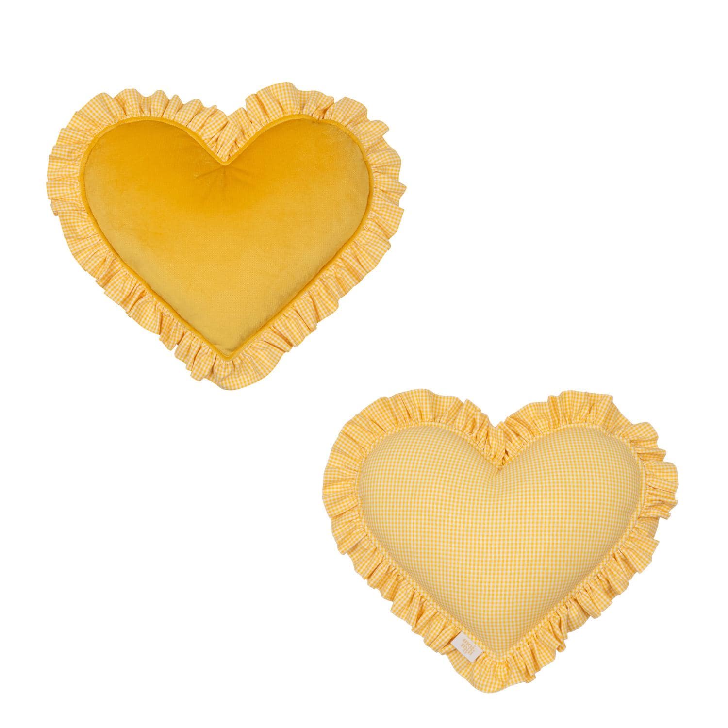 "butter Yellow" Heart Pillow With Checkered Frill