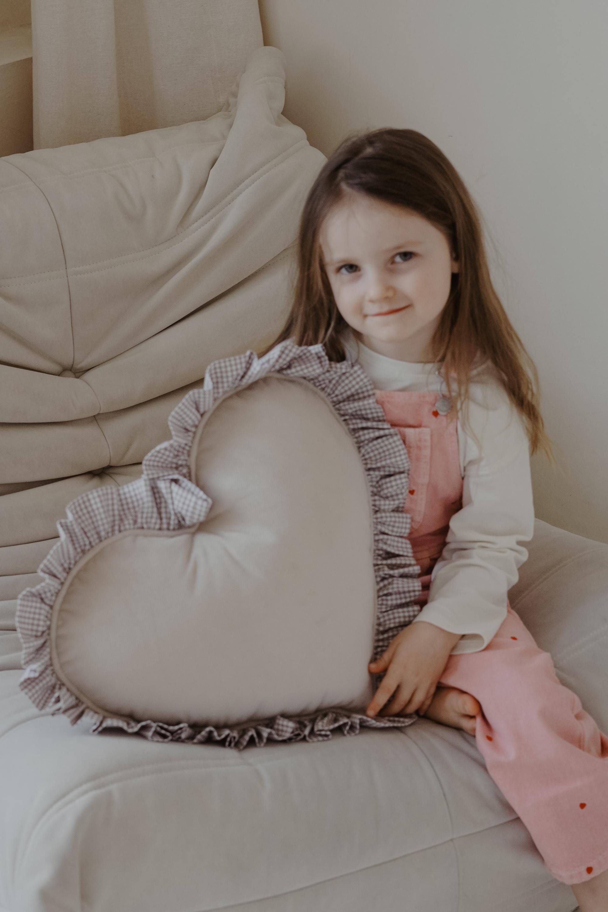 "beige" Heart Pillow With Checkered Frill