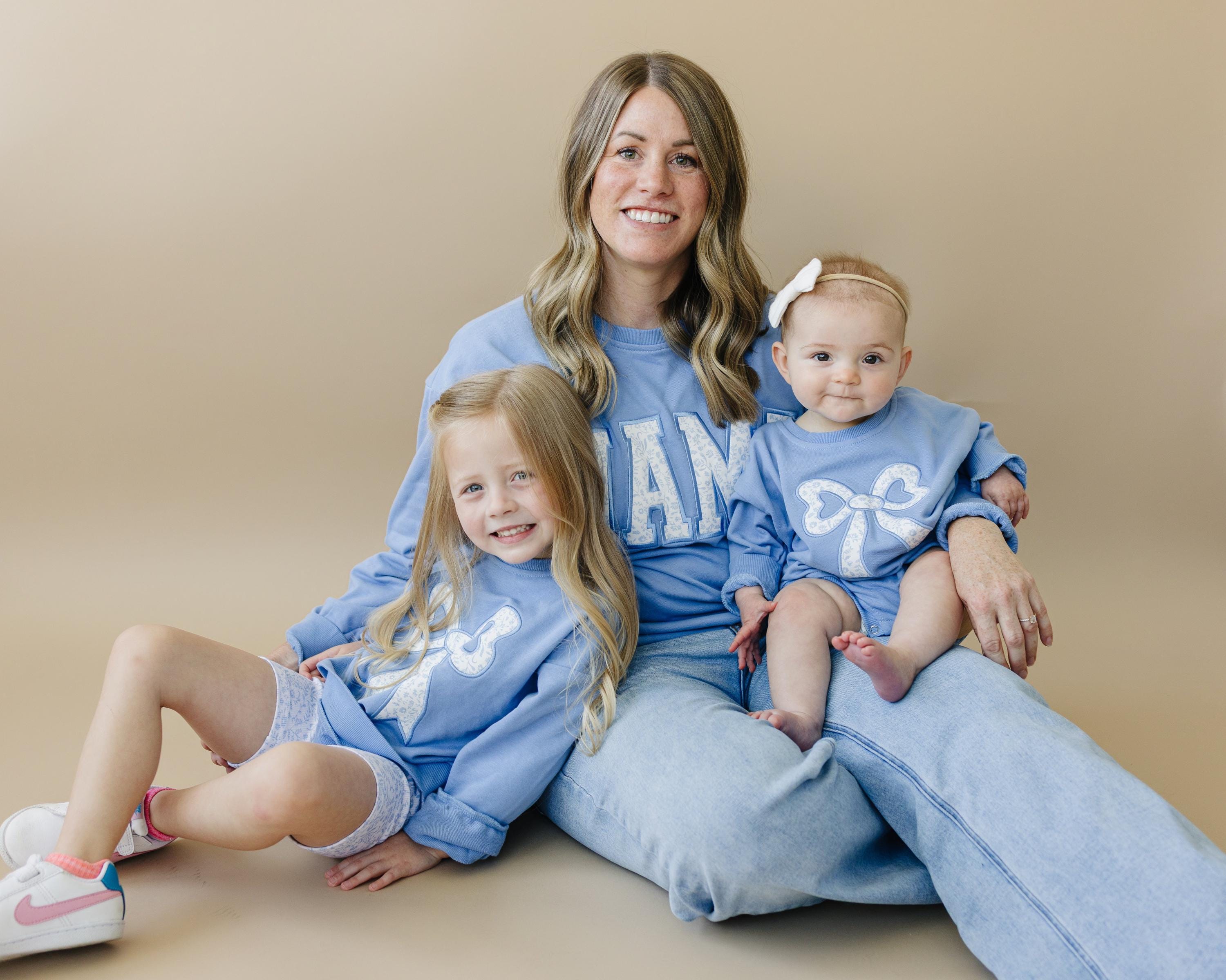 Blue Toile Applique Bow Sweatshirt Romper Or Crewneck