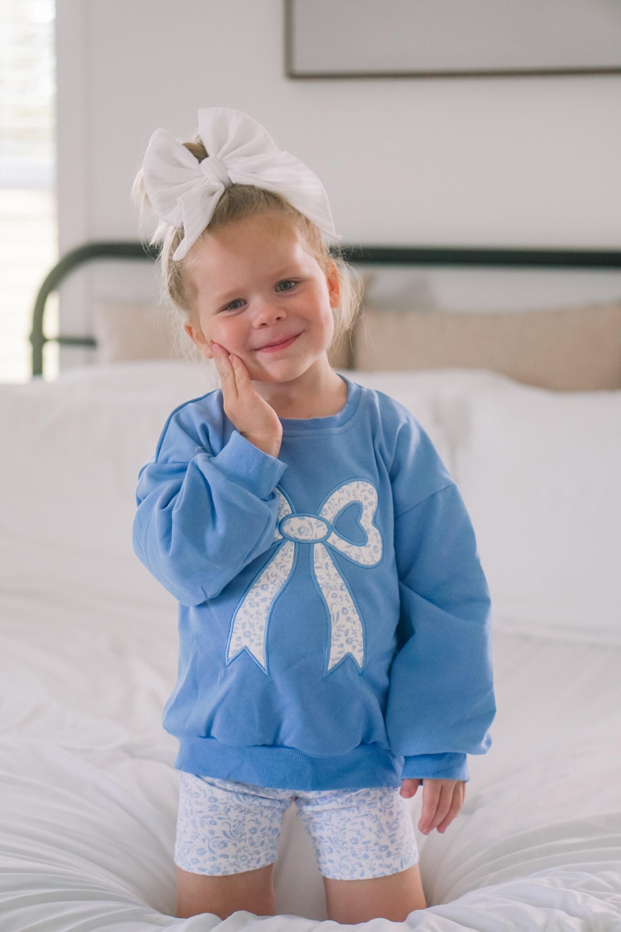 Blue Toile Applique Bow Sweatshirt Romper Or Crewneck