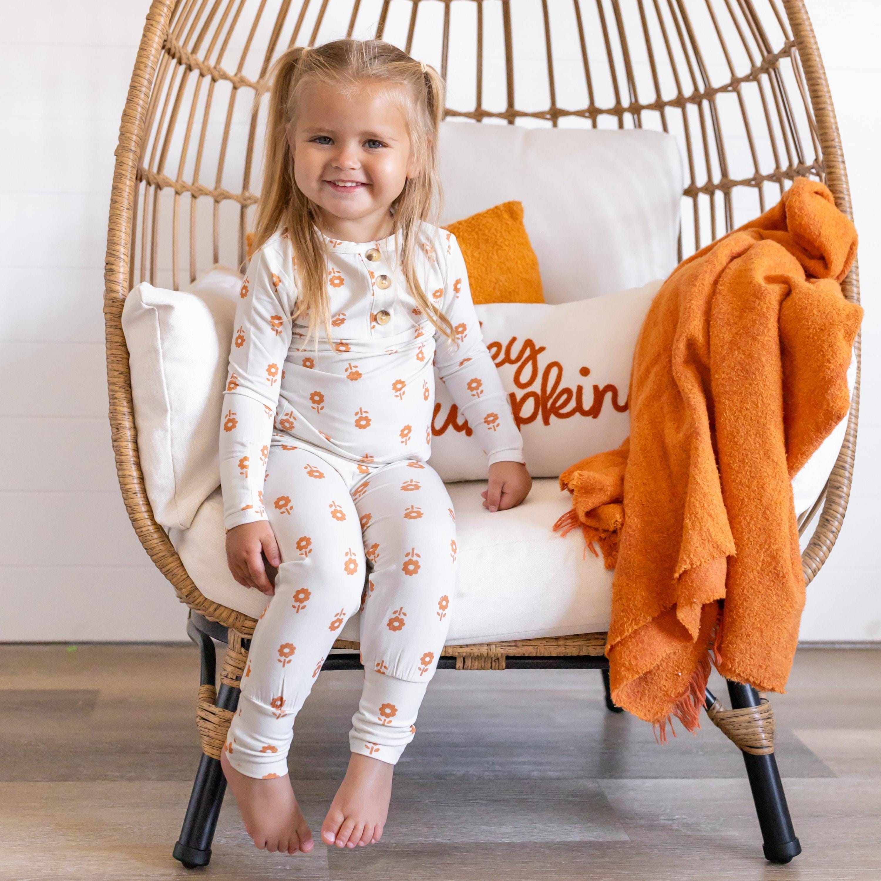 Pumpkin Posie Bamboo Pajamas For Kids - 2pc Henley Set