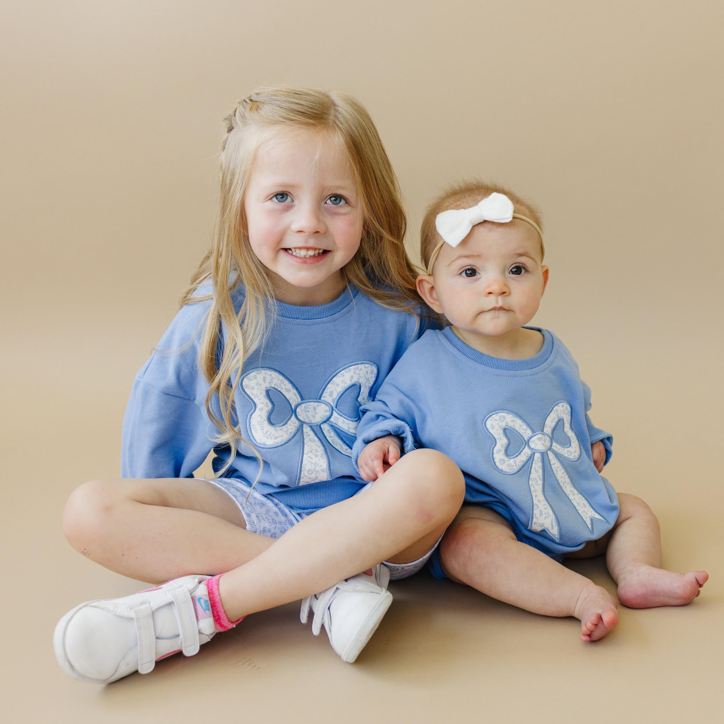 Blue Toile Applique Bow Sweatshirt Romper Or Crewneck