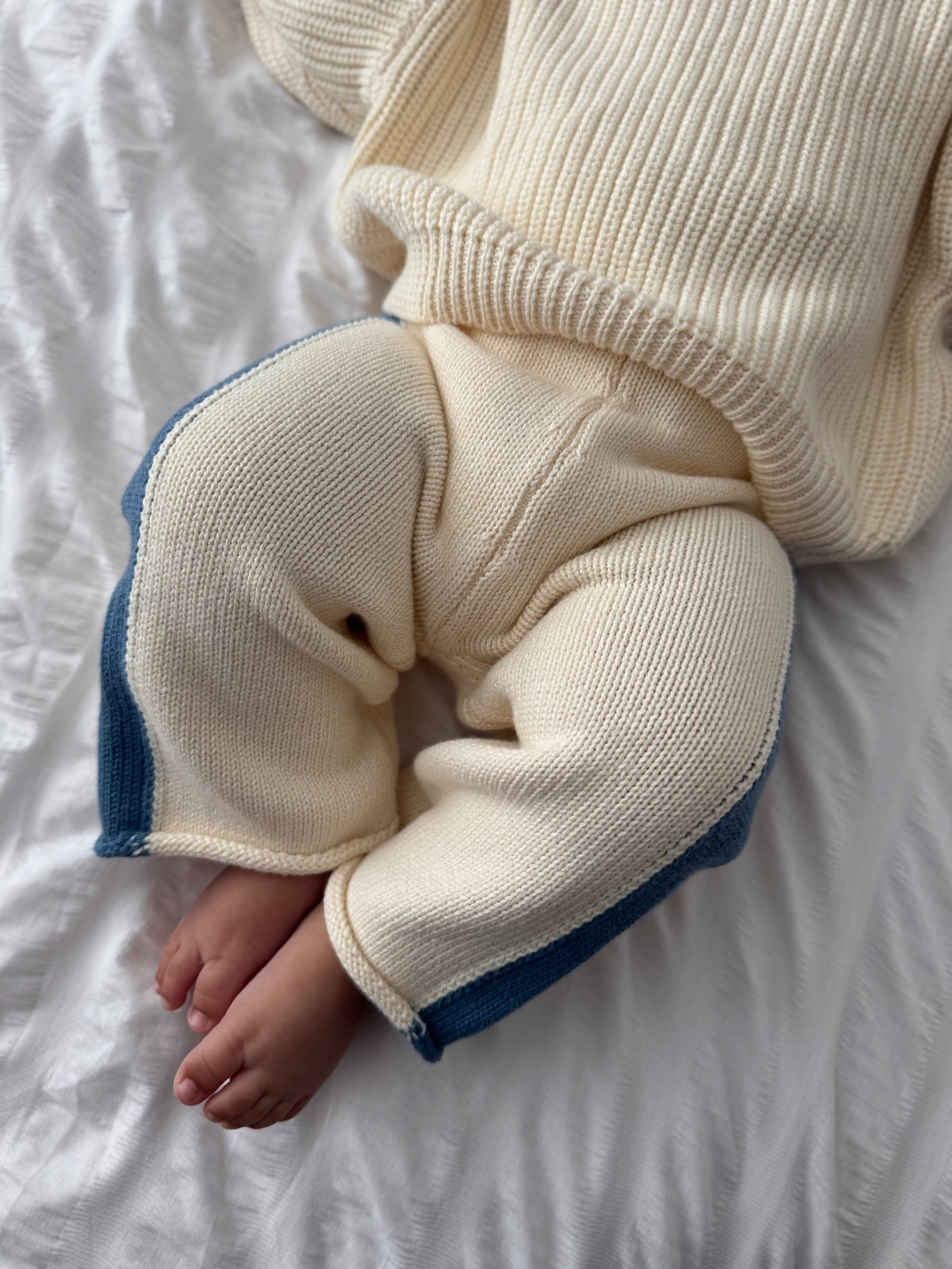 Knit Striped Pants - Cream & Denim Blue