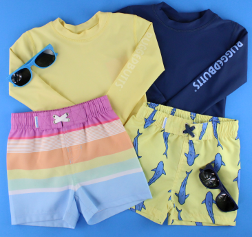 Ruggedbutts Baby Rainbow Stripe Swim Trunks & Rash Guard With Roshambo Blue Sunglasses