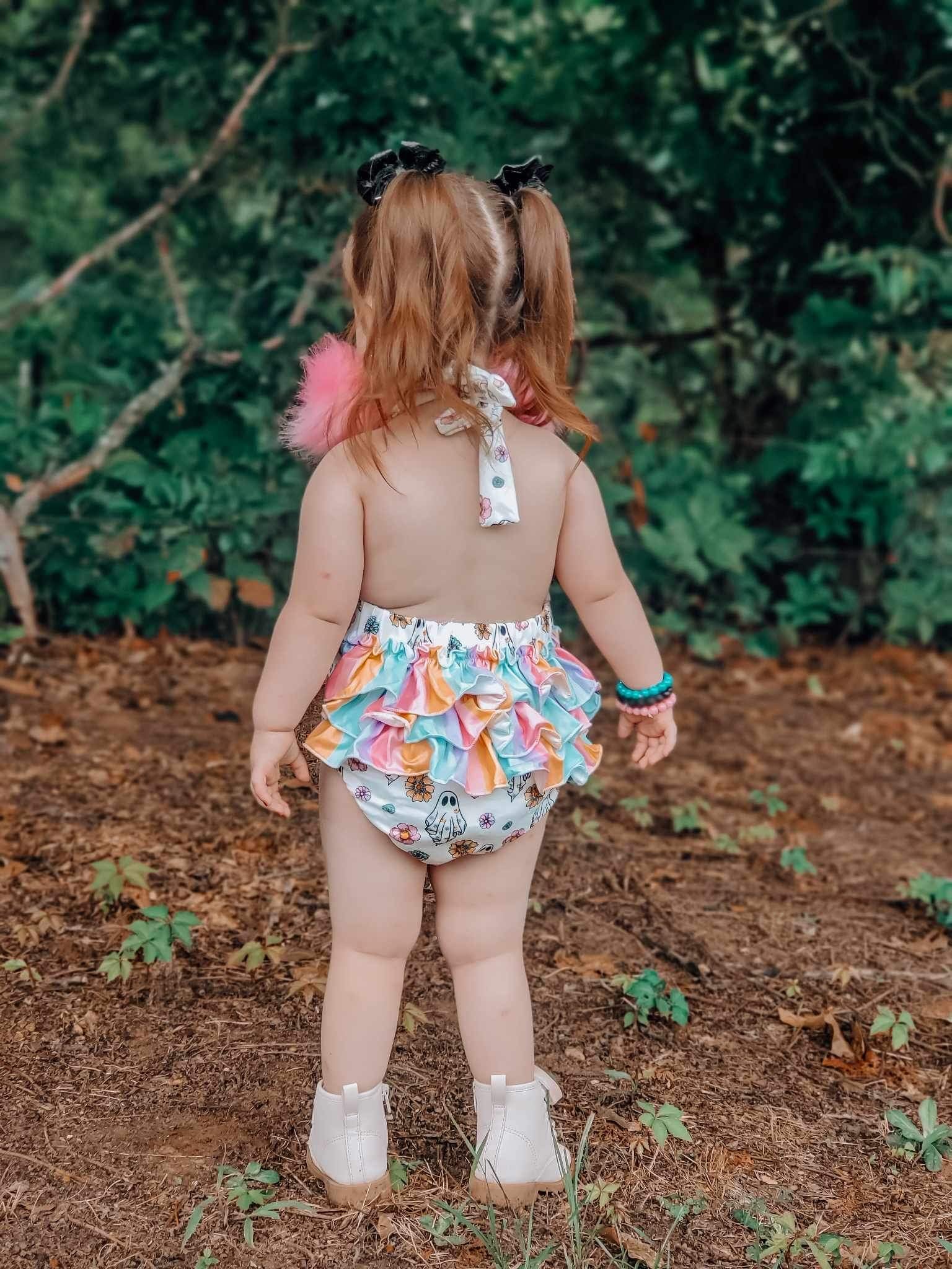 Colorful Ghost Tie Ruffle Romper
