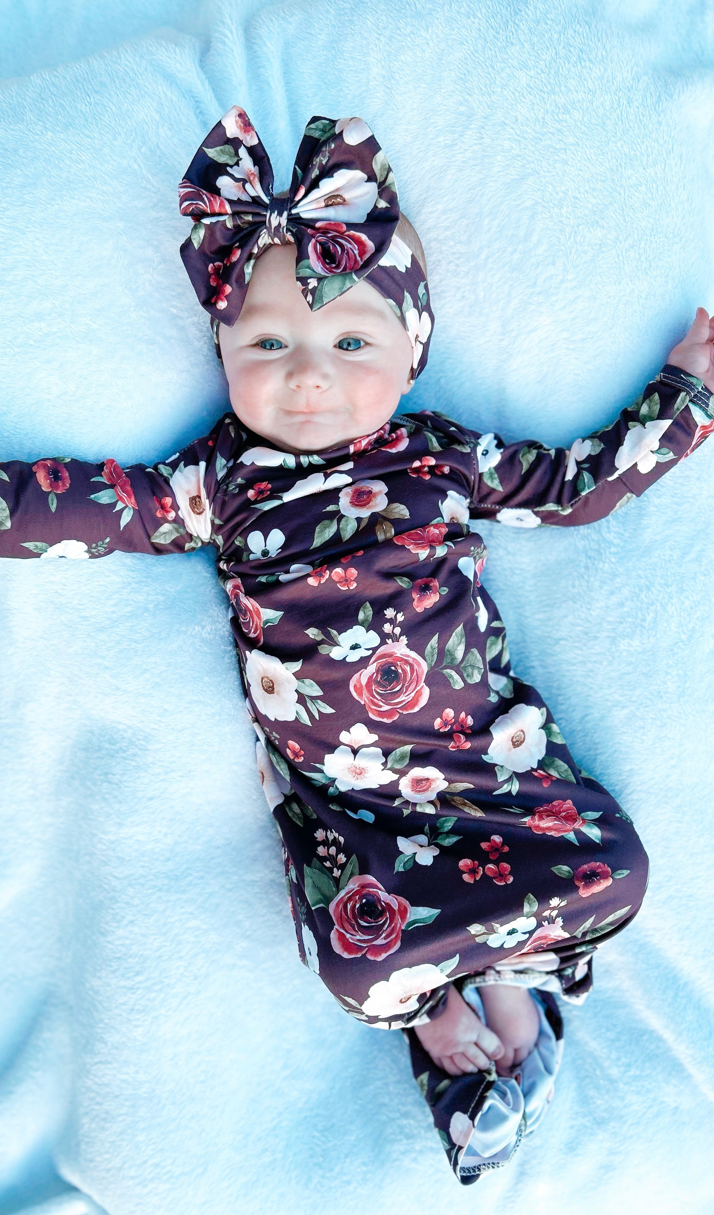 Maroon Floral Gown And Headband Set