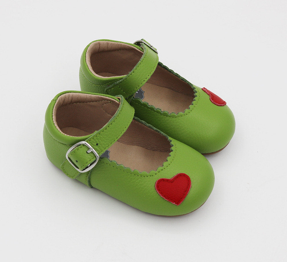 Green One Mary Janes With Red Heart