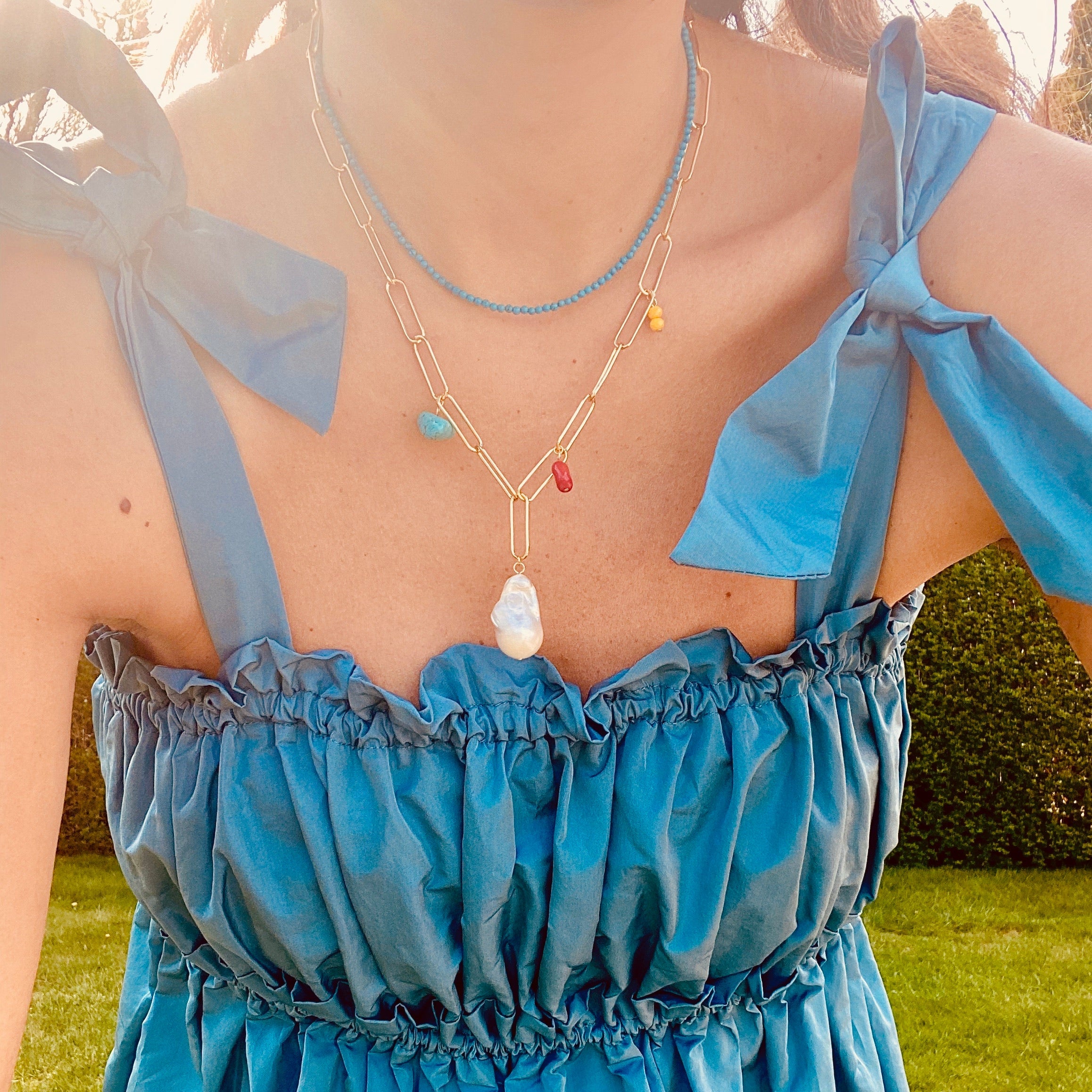 Gold Link Pearl Necklace