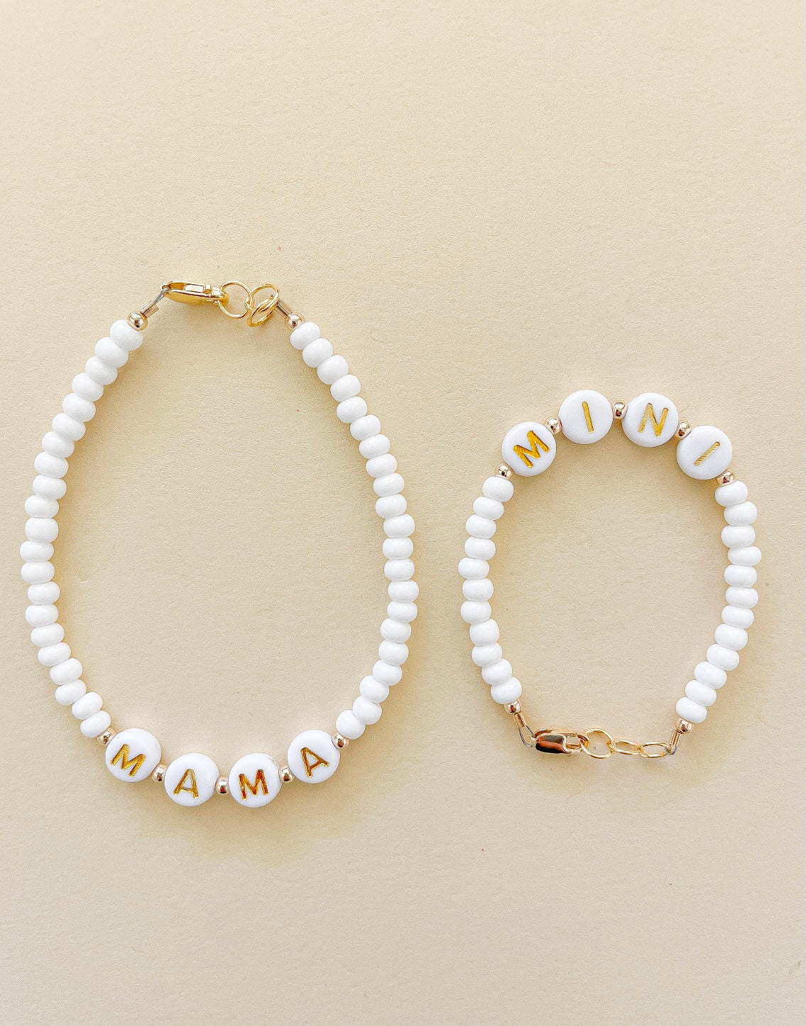 Mama And Mini White Name Bracelet Set – Custom, Gold-filled & Hypoallergenic