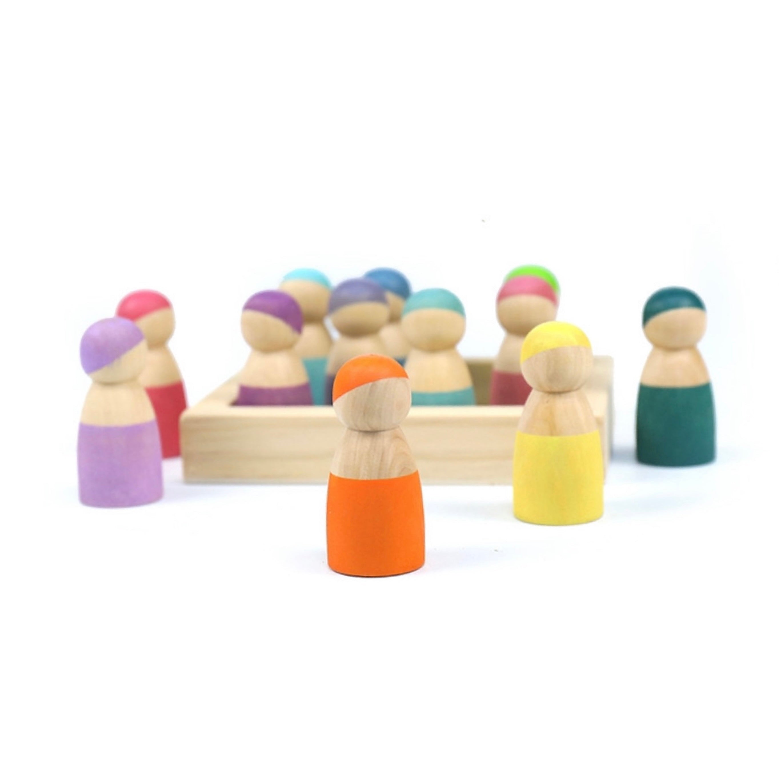 12 Pcs Little Peg Doll People In Tray In Pastel Colors