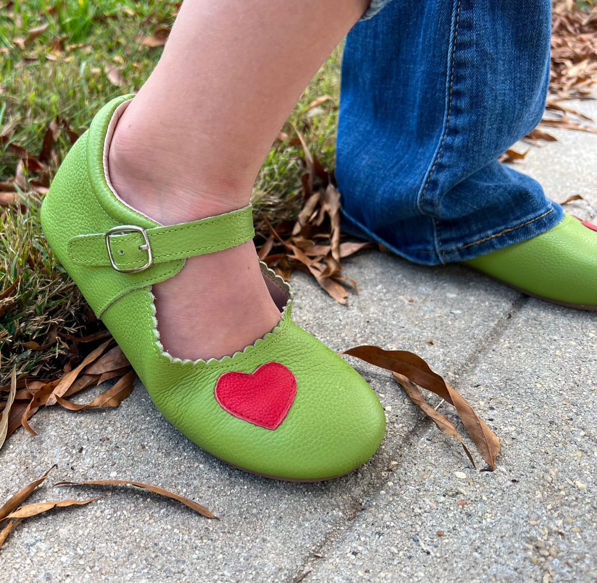 Green One Mary Janes With Red Heart