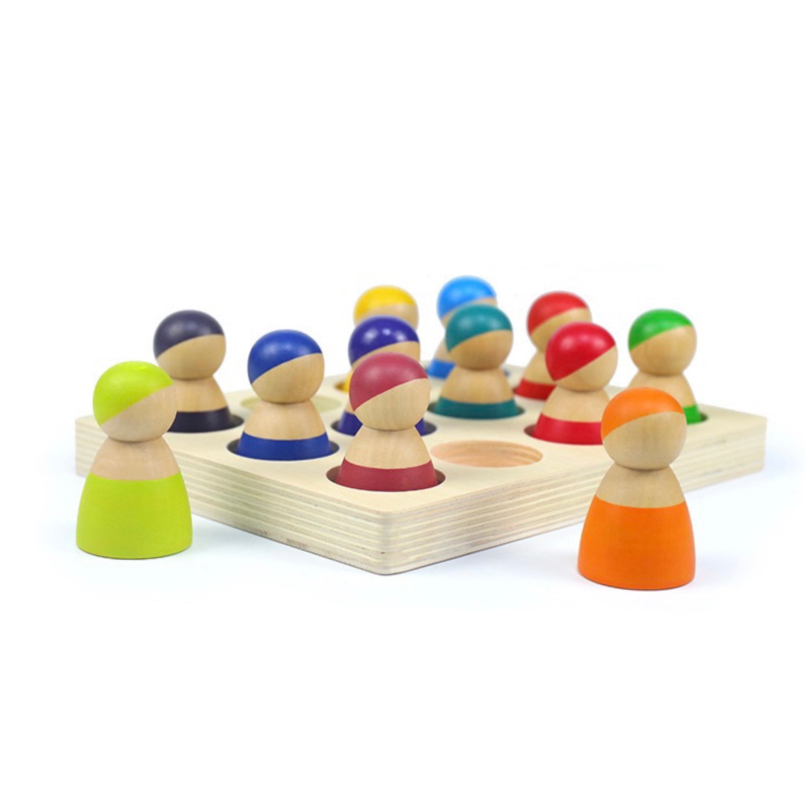 12 Pcs Rainbow Peg Doll People With Tray In Primary Colors