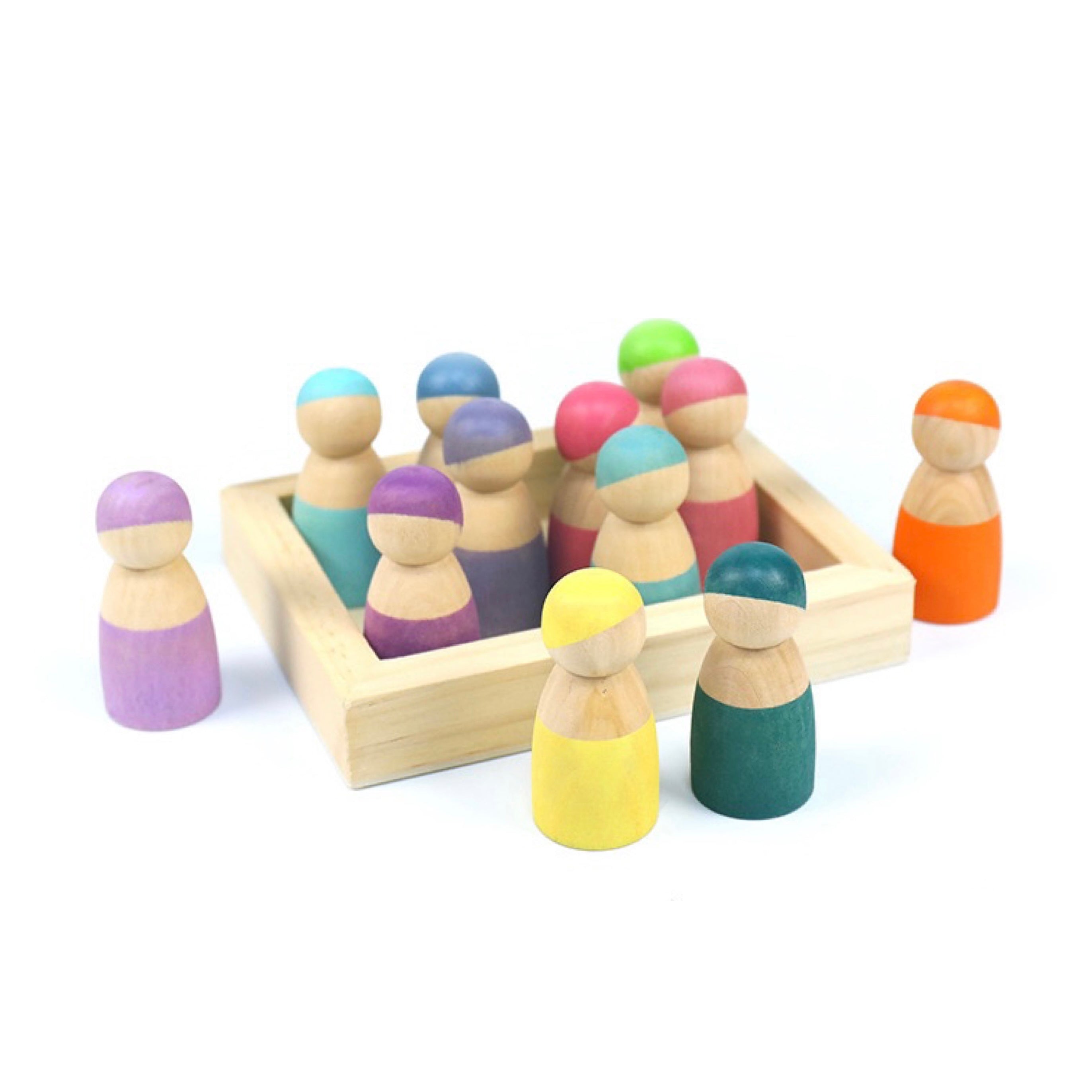 12 Pcs Little Peg Doll People In Tray In Pastel Colors