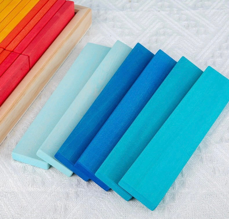 64 Pcs Stained Large Wooden Rainbow Building Slats With Storage Tray