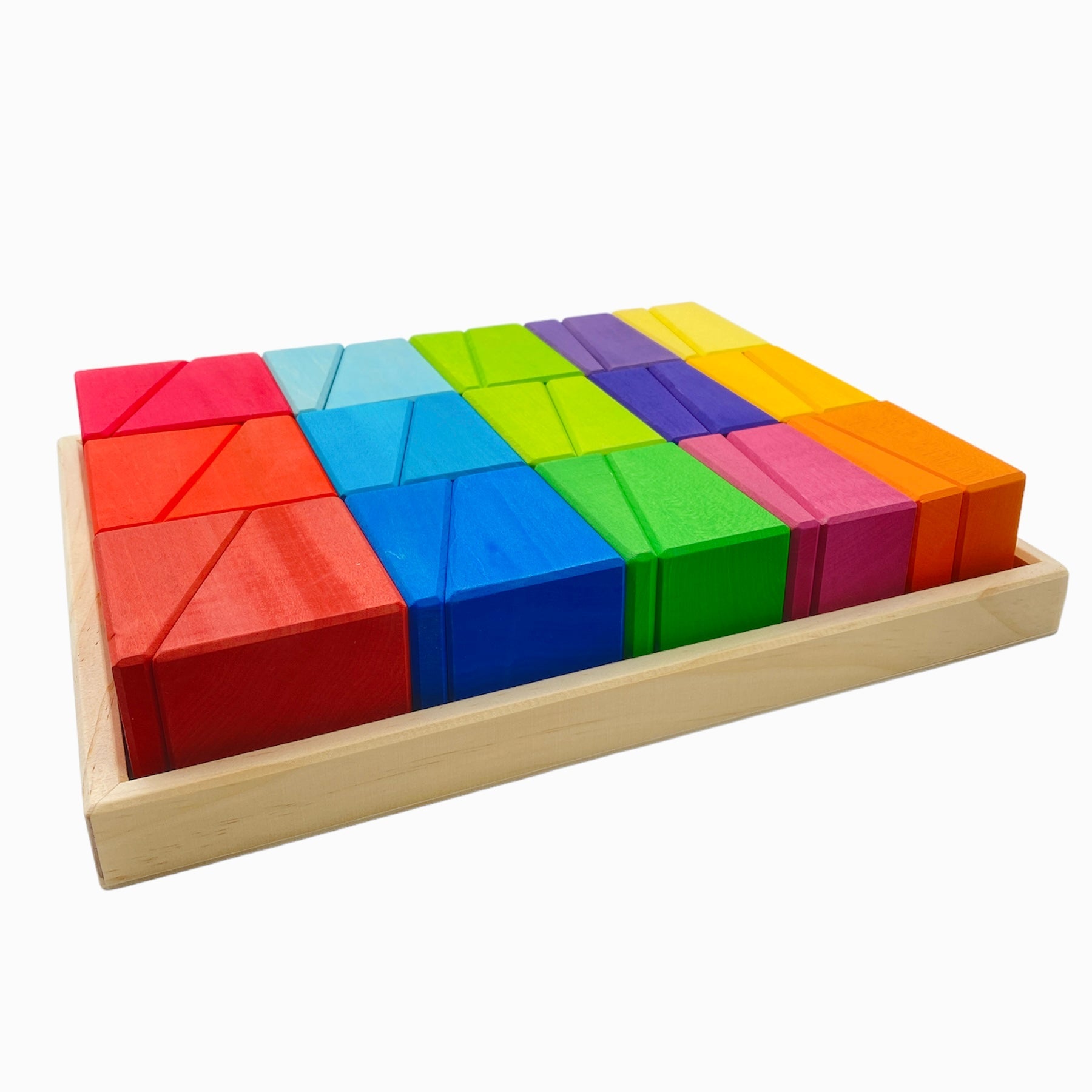 30 Pcs Stained Wooden Sloping Blocks In Primary Rainbow Colors With Storage Tray
