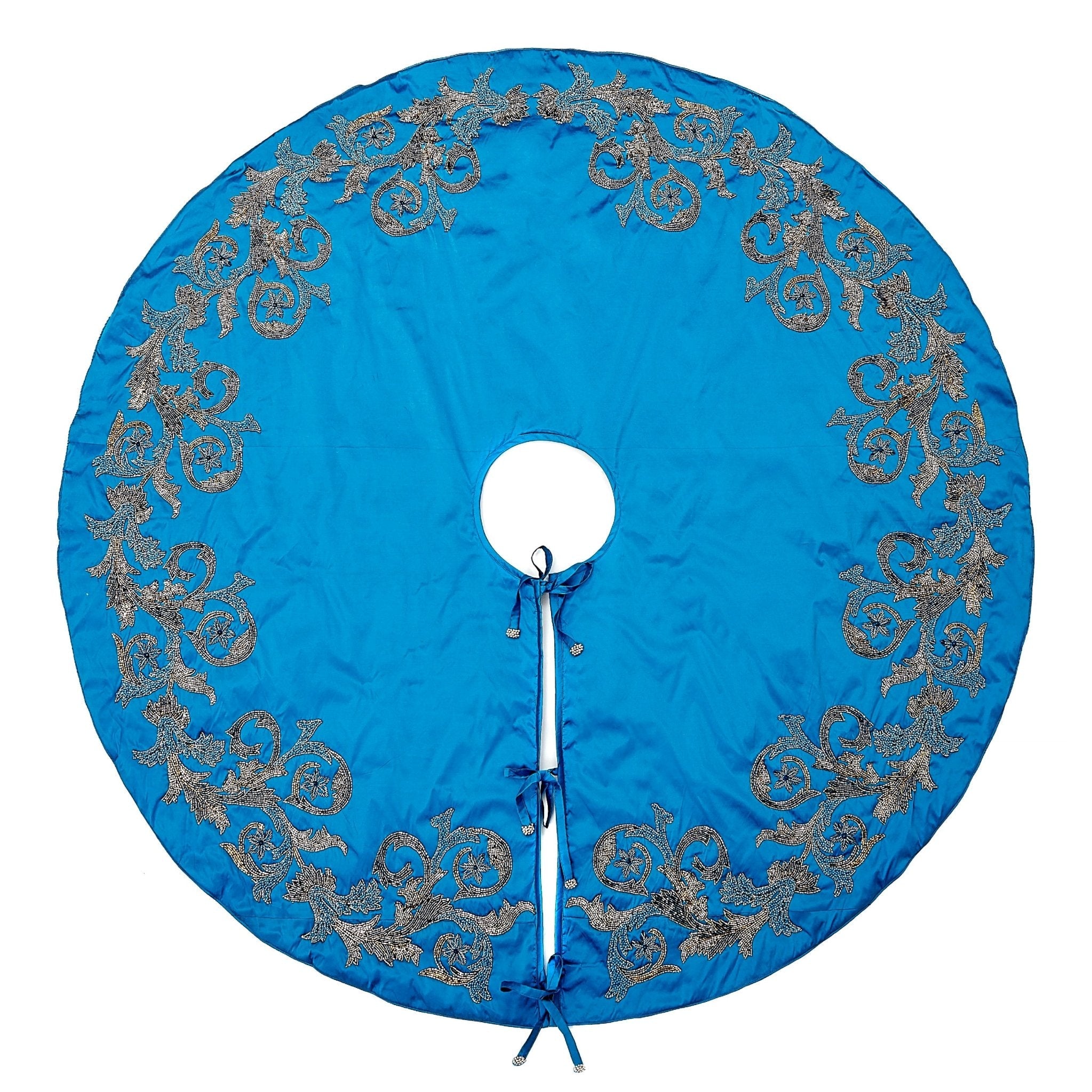 Hand Beaded Imperial Blue Silk Christmas Tree Skirt Blue 60" / 72"
