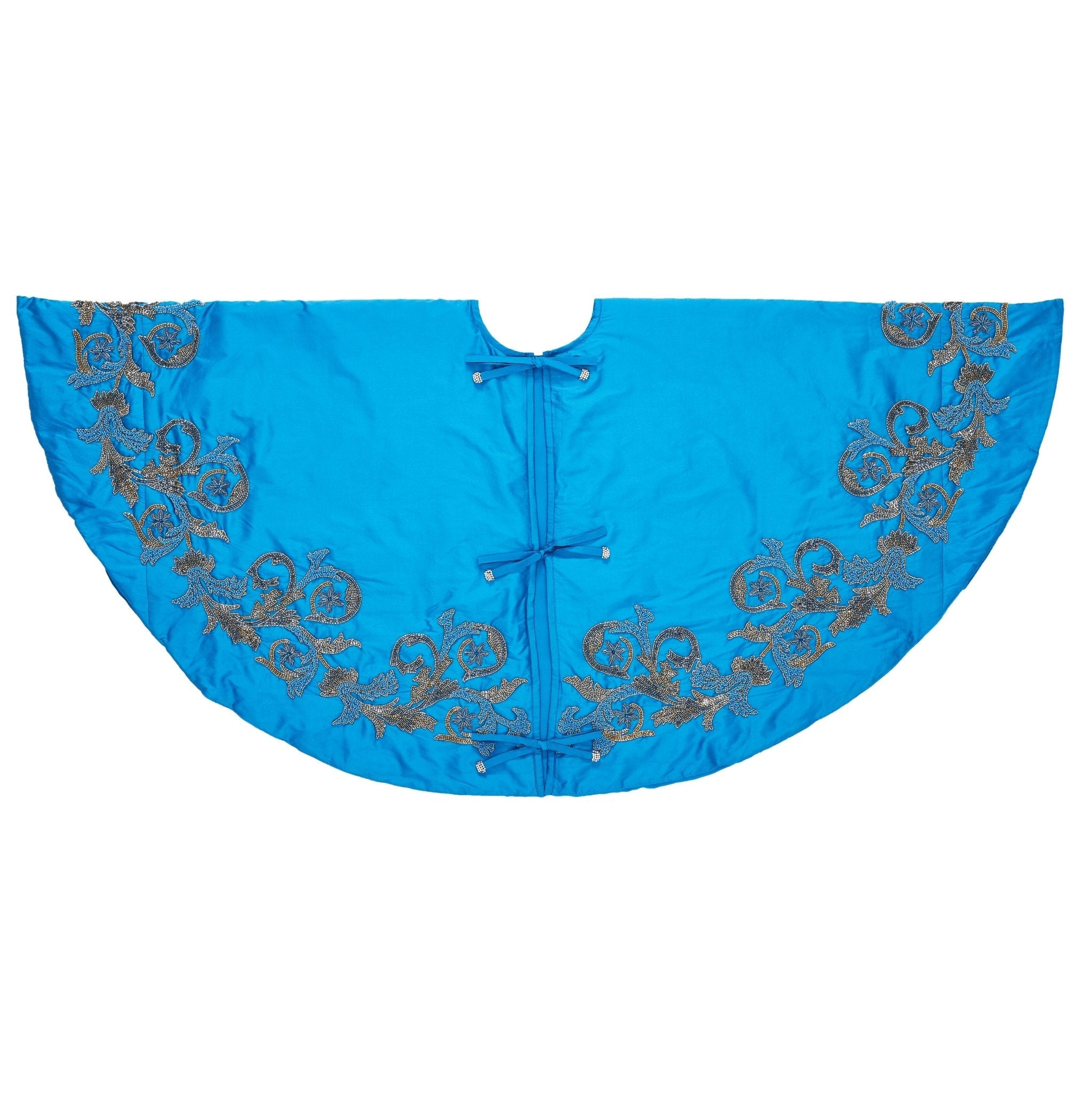 Hand Beaded Imperial Blue Silk Christmas Tree Skirt Blue 60" / 72"