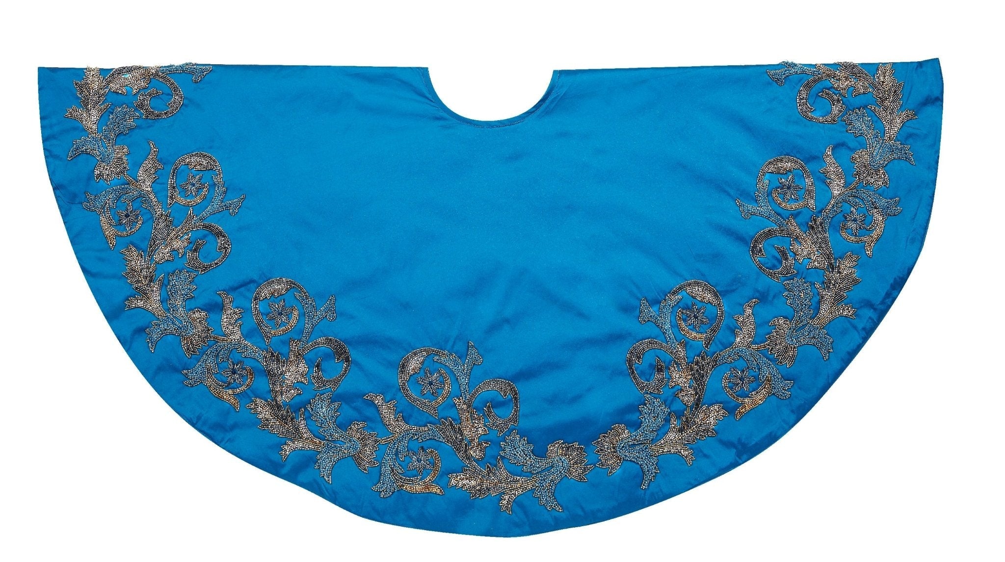 Hand Beaded Imperial Blue Silk Christmas Tree Skirt Blue 60" / 72"
