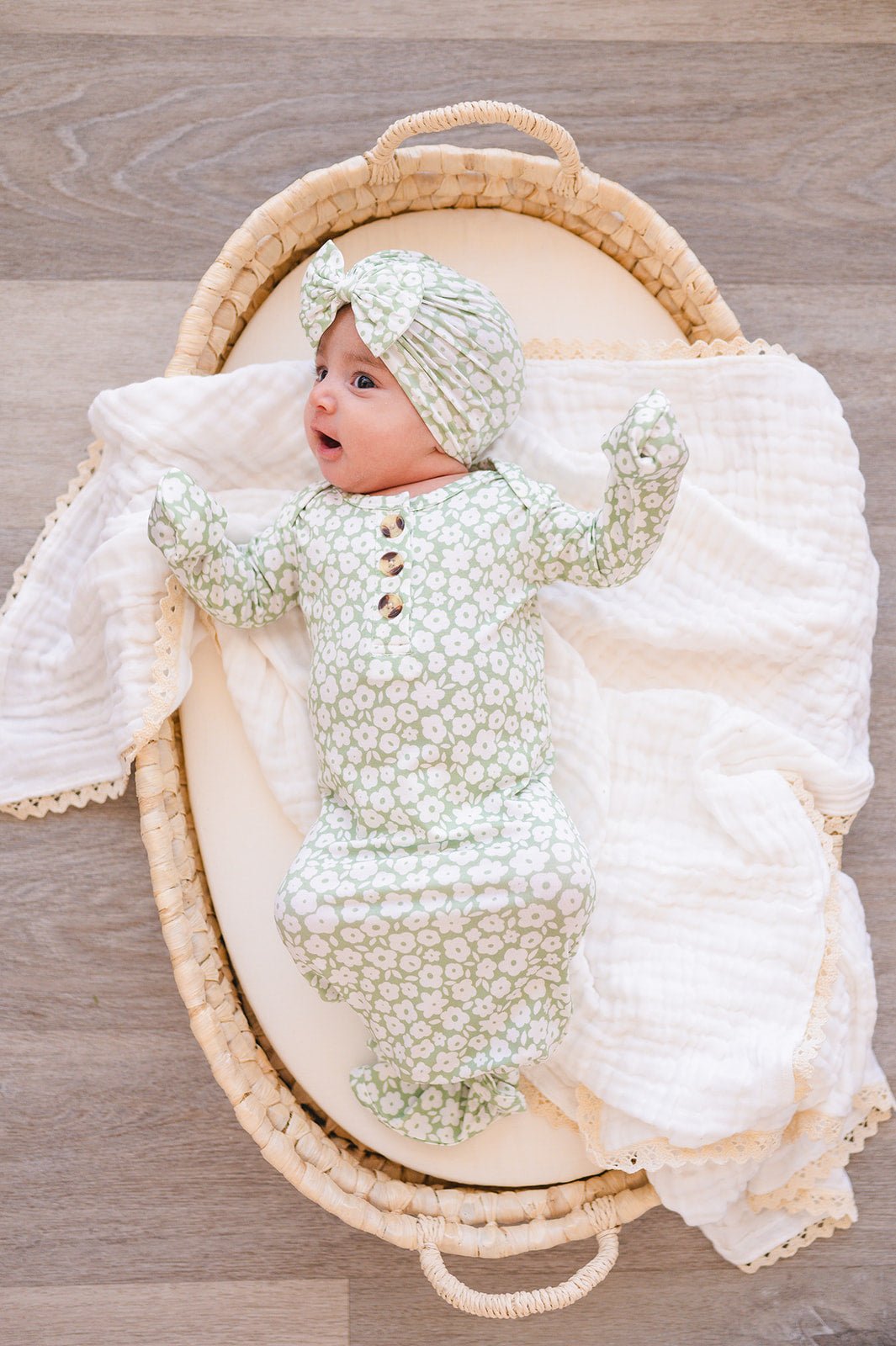 Knotted Baby Gown - Sage Ditsy Floral