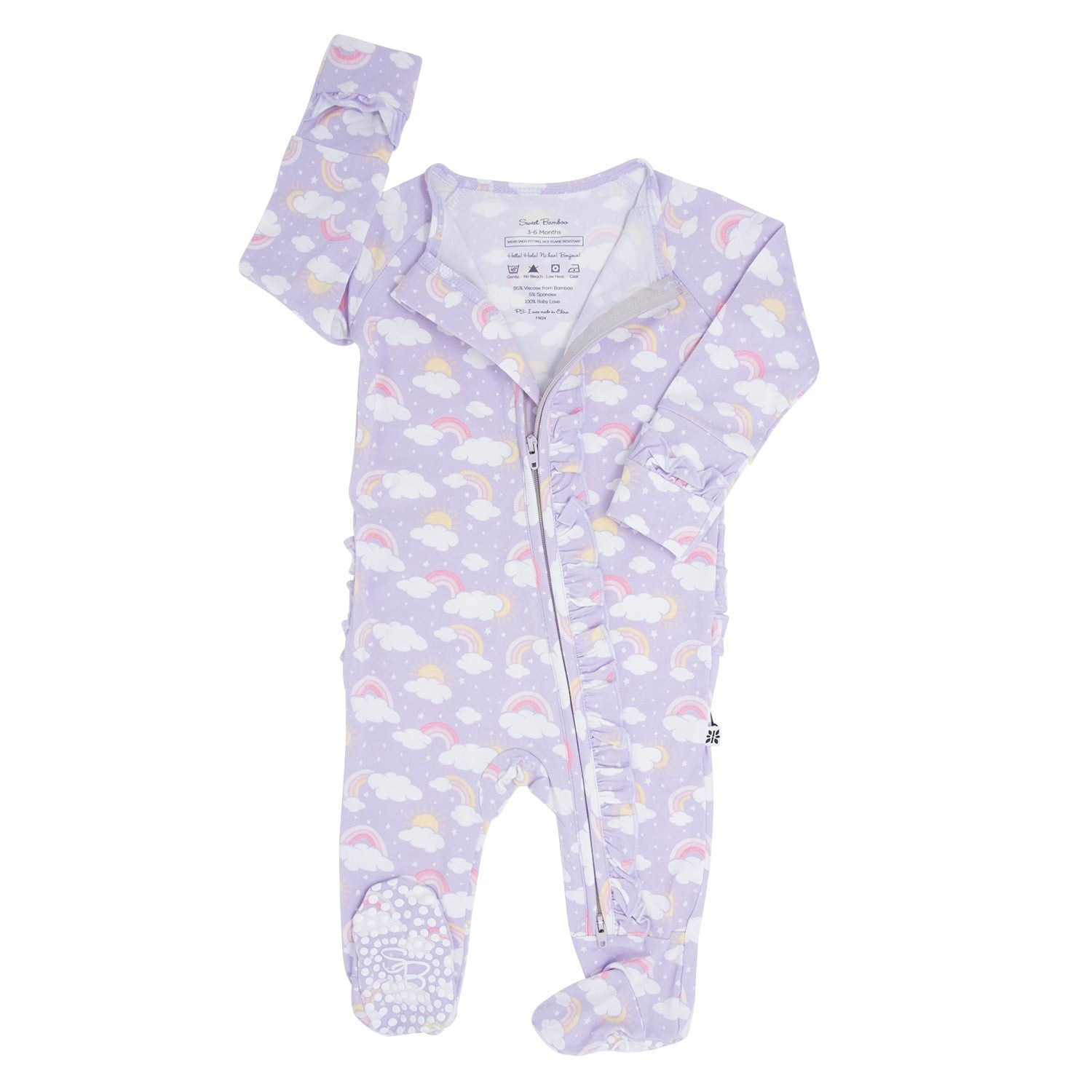 Lavender Rainbows And Clouds Ruffle Baby Footie
