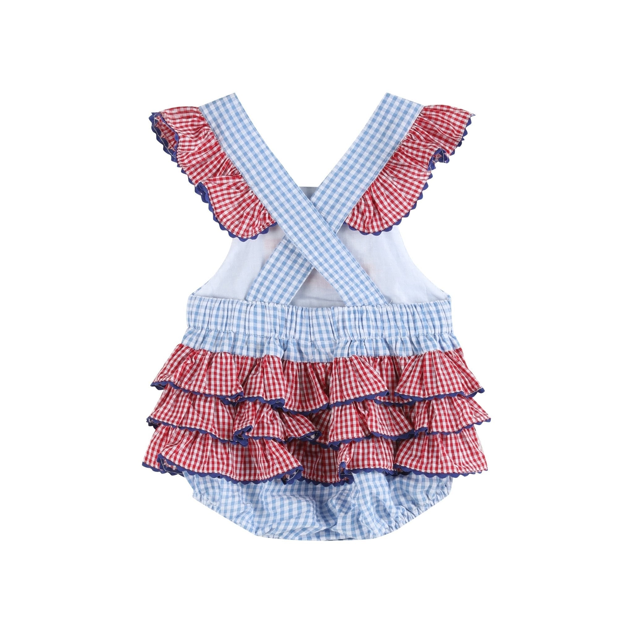 Light Blue And Red Gingham Usa Flag Ruffle Romper
