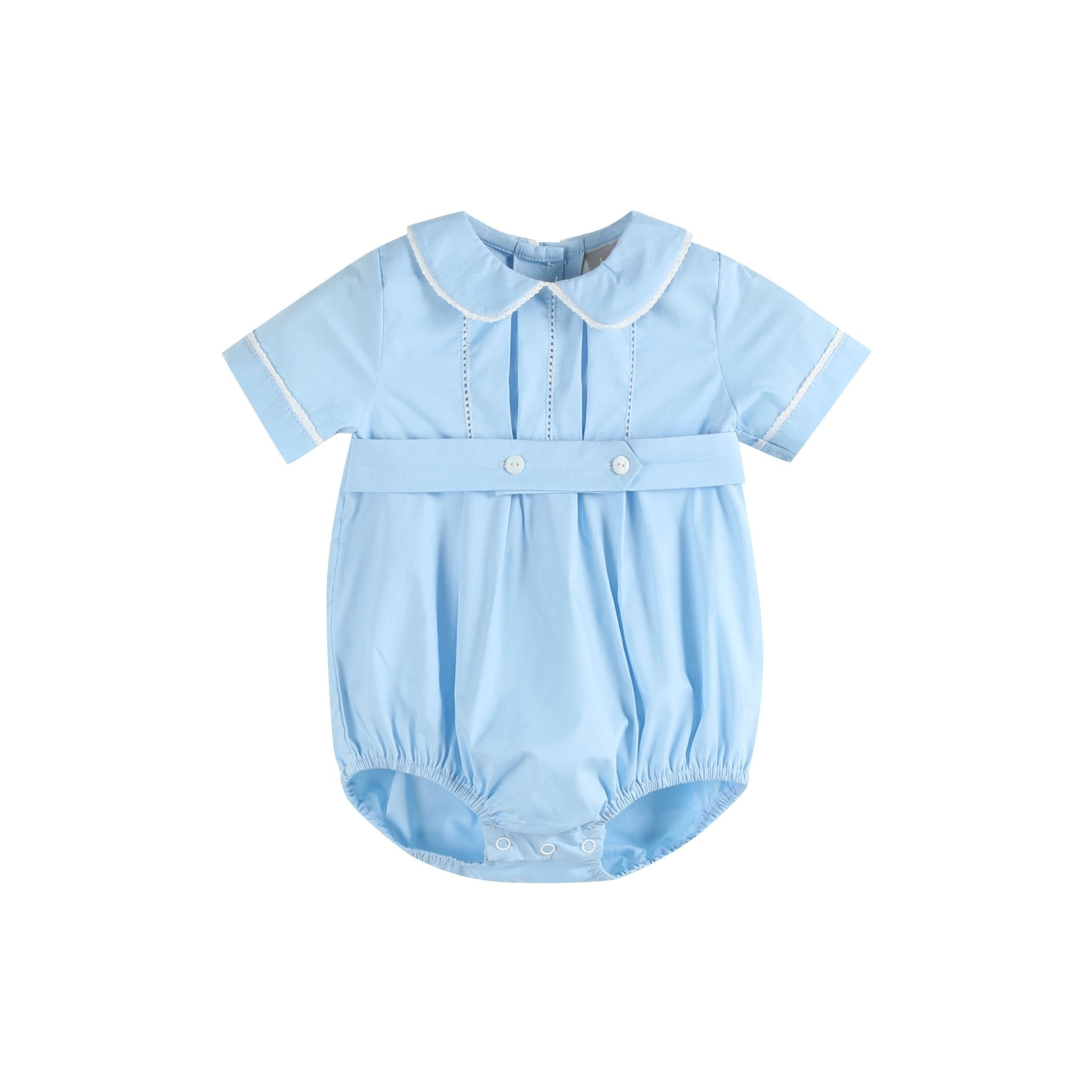 Light Blue Collared Button Romper With Bonnet