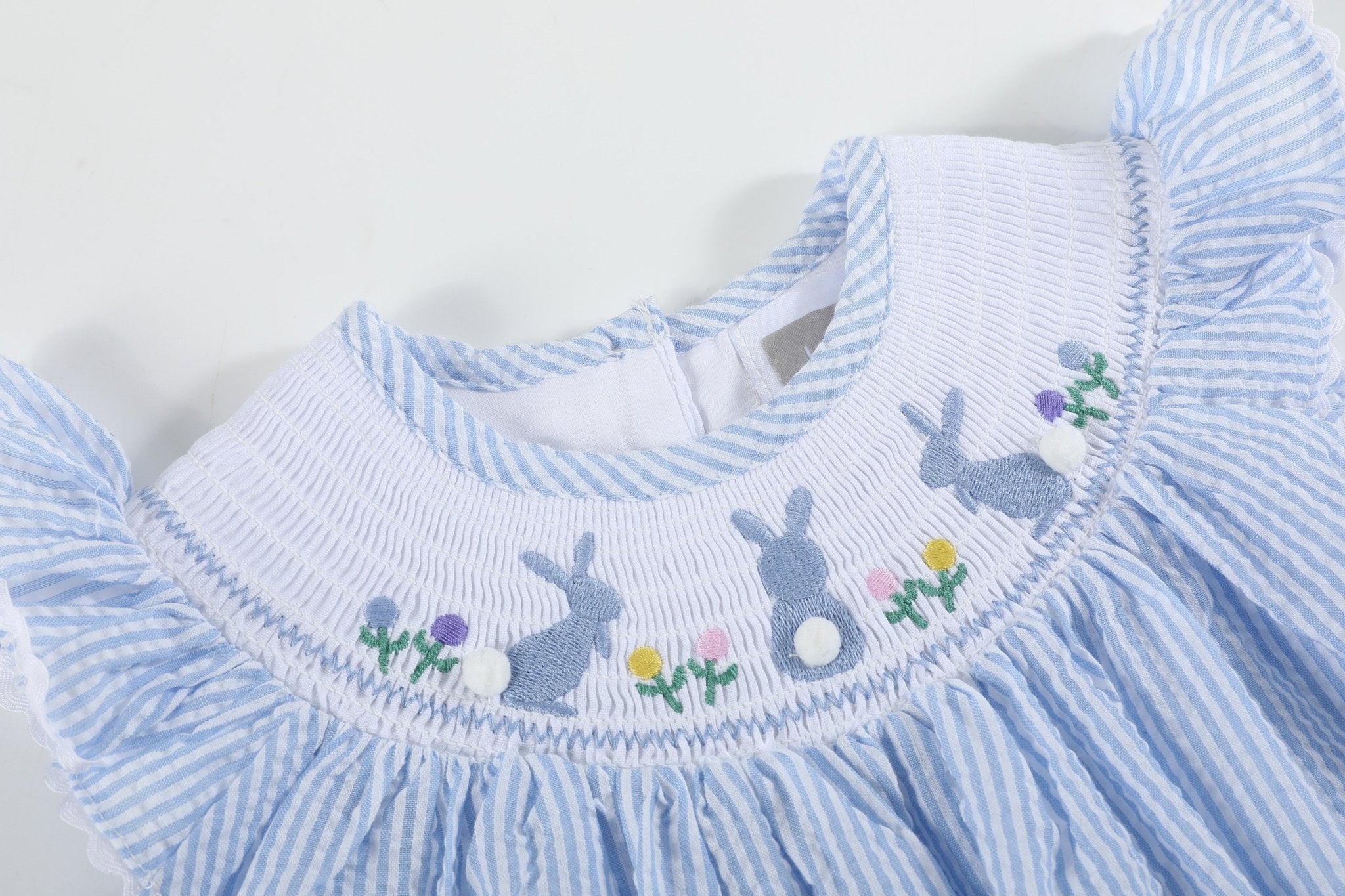 Light Blue Seersucker Easter Bunny Smocked Bishop Dress