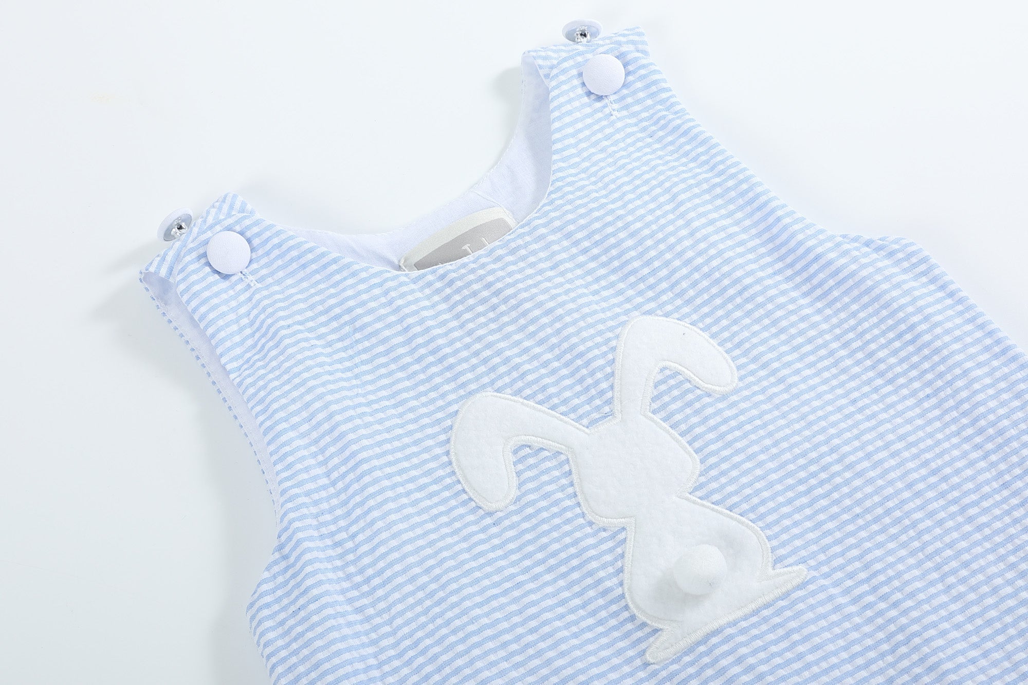 Light Blue Seersucker Pom Pom Bunny Swing Dress