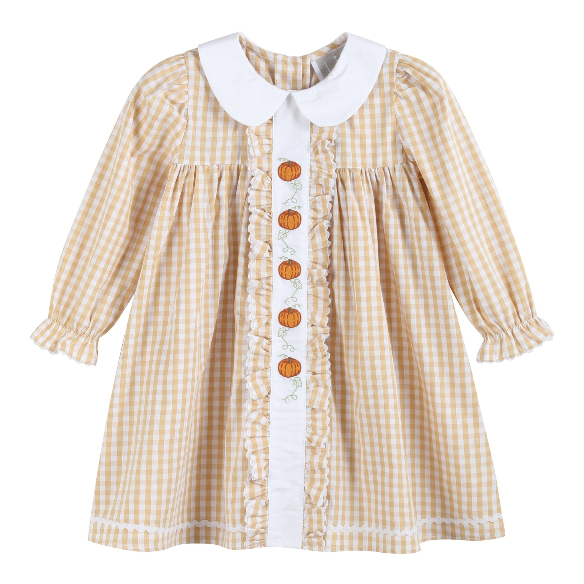 Light Brown Gingham Pumpkin Vine Ruffle Dress