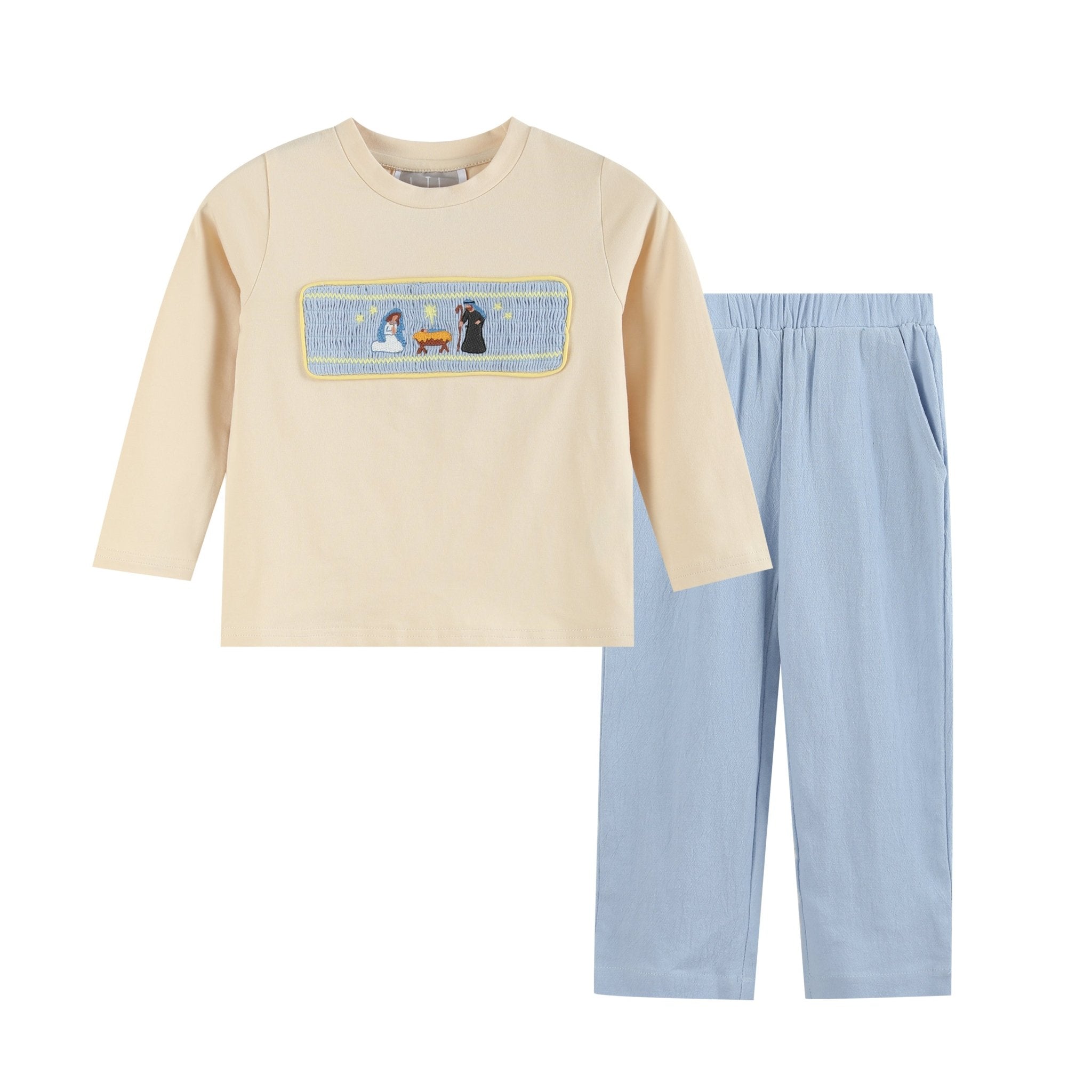 Light Brown Nativity Smocked Shirt And Blue Pants