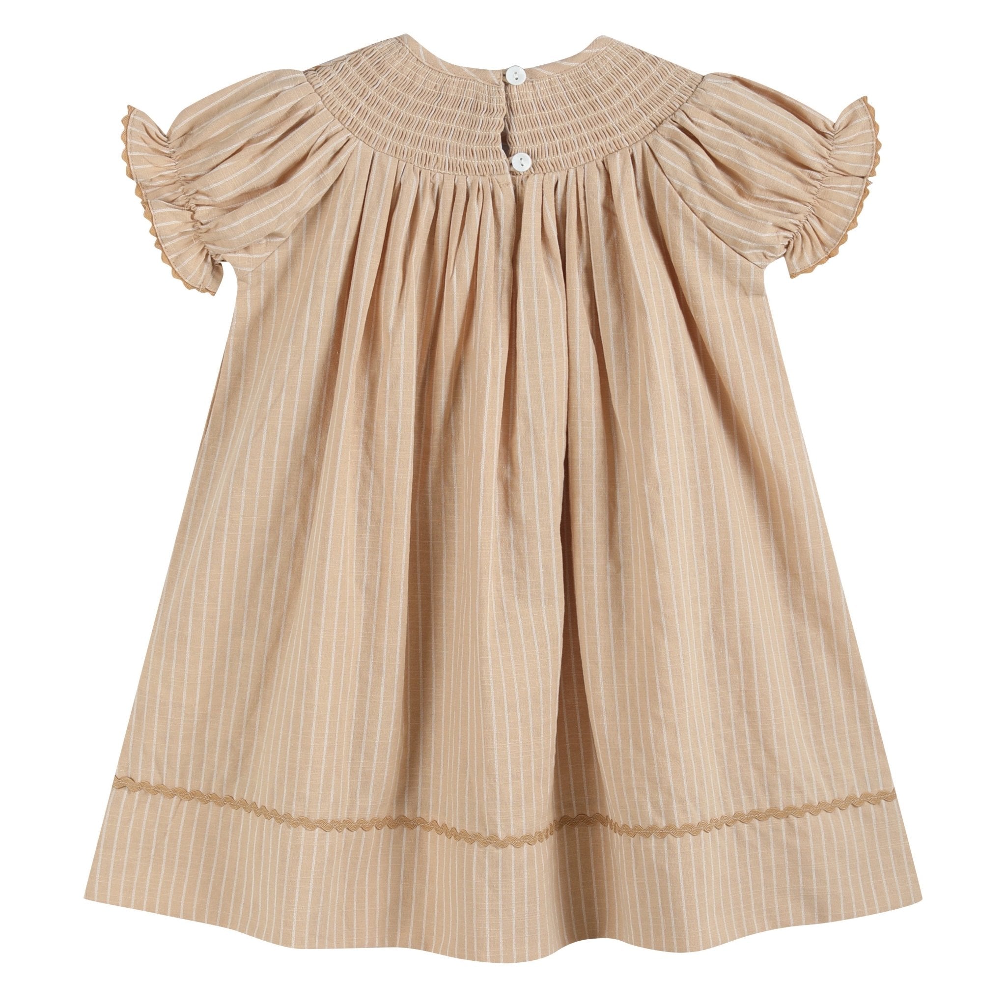 Light Brown Pinstripe Pumpkin Smocked Bishop Dress