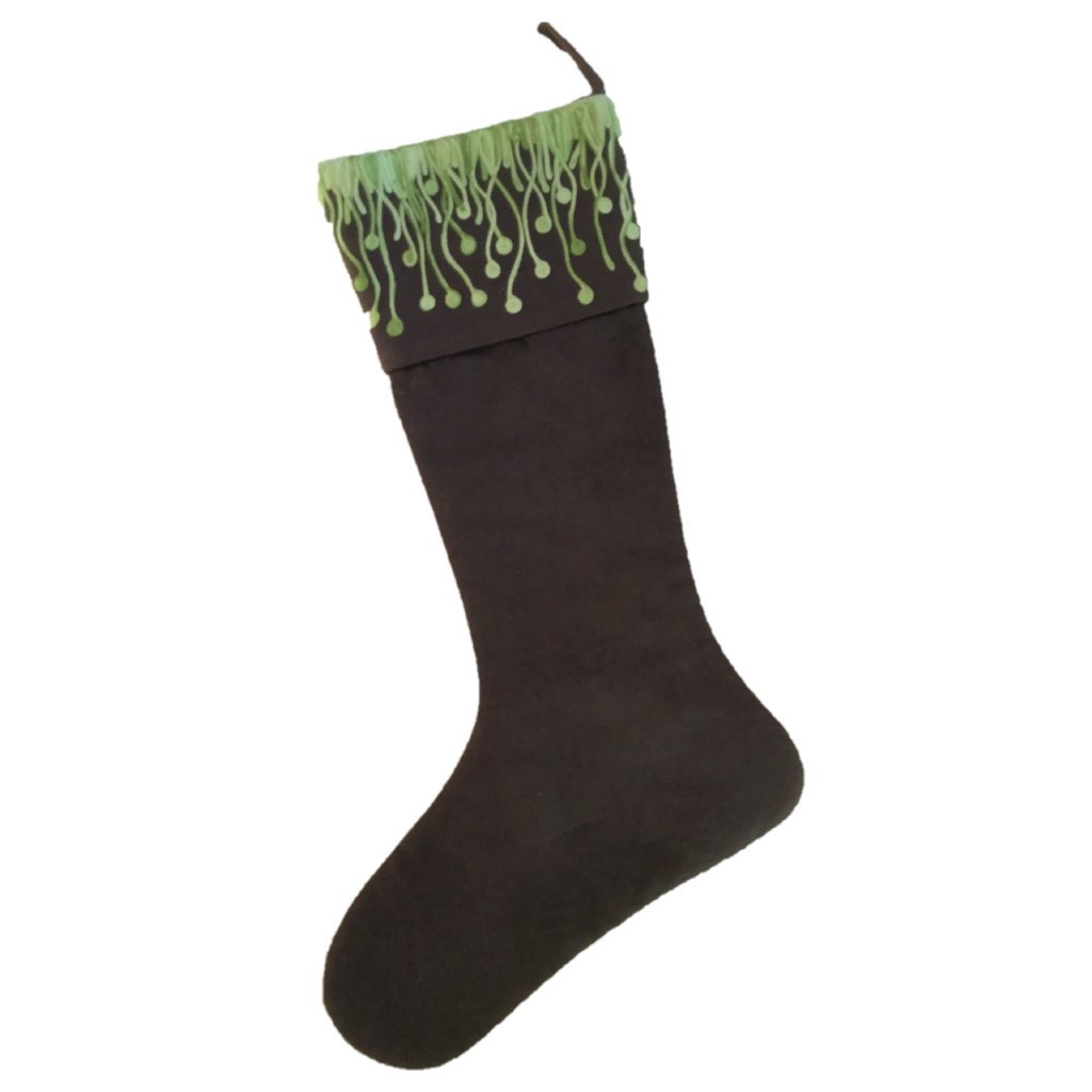 Linen Christmas Stocking Flora Embroidered Cuff - Chocolate And Green