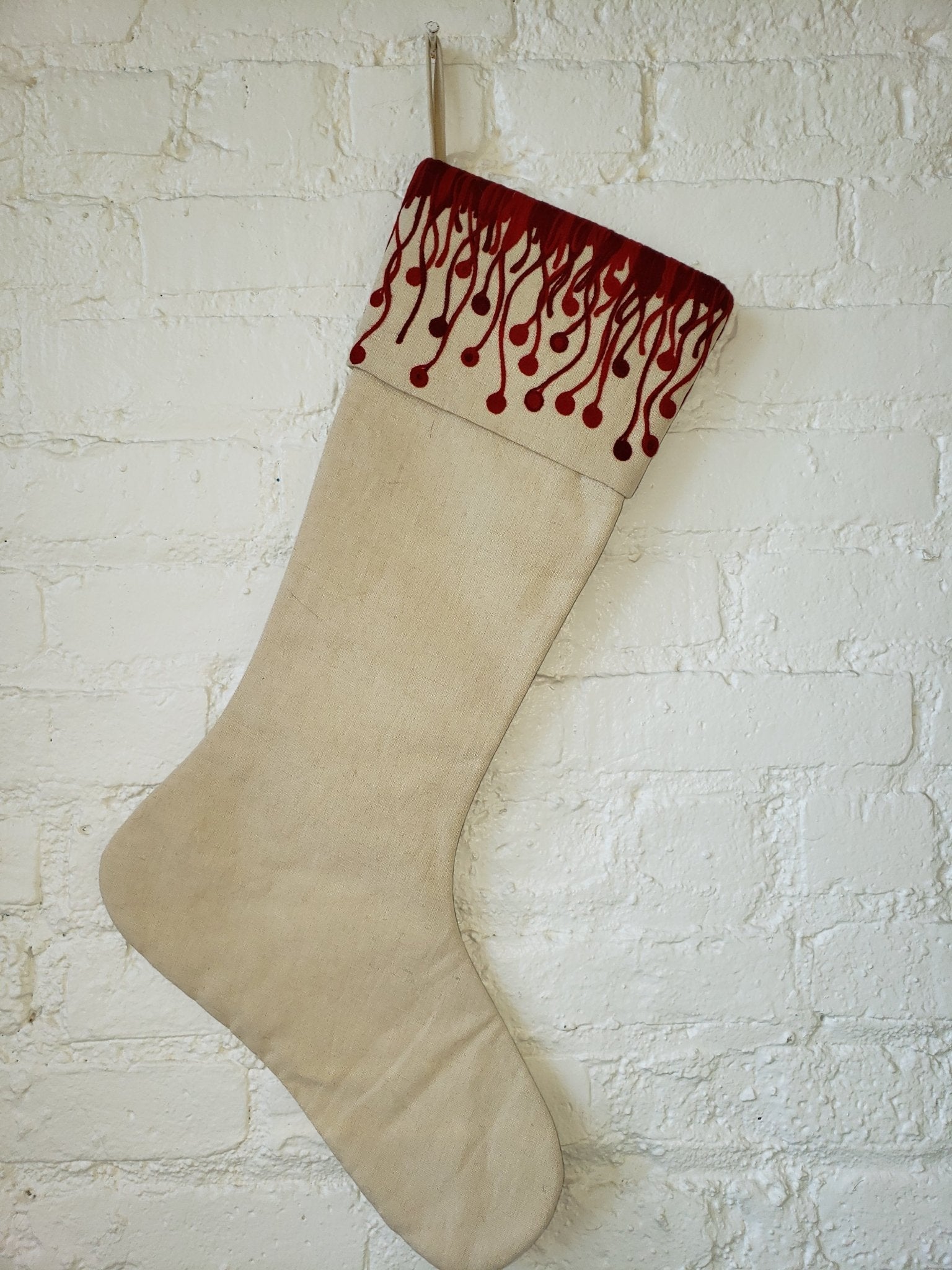 Linen Flora Christmas Stocking Cream Red