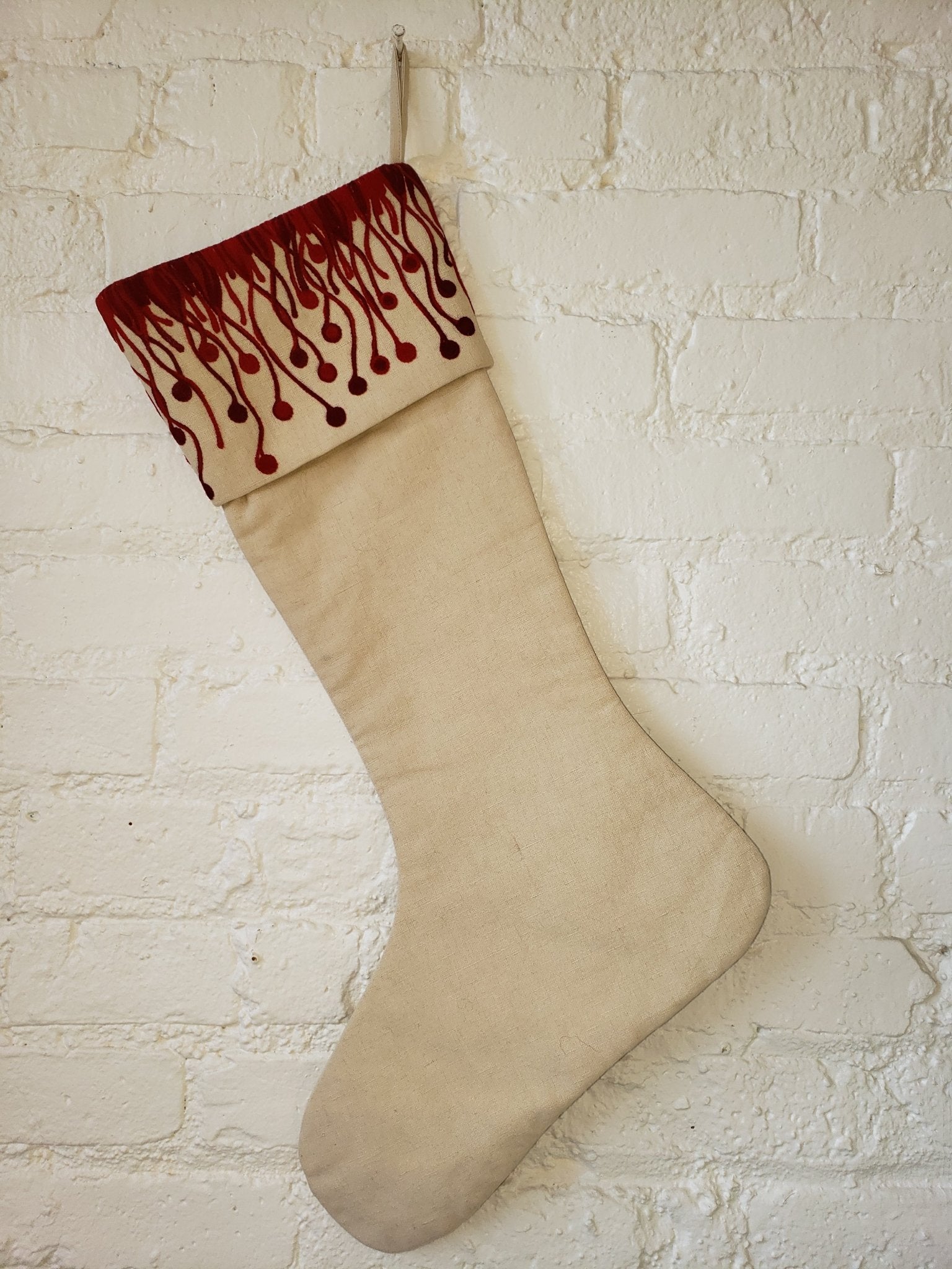 Linen Flora Christmas Stocking Cream Red