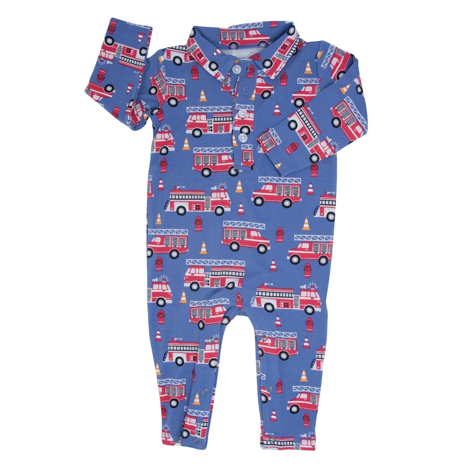 Blue Fire Truck Long-sleeve Polo Romper