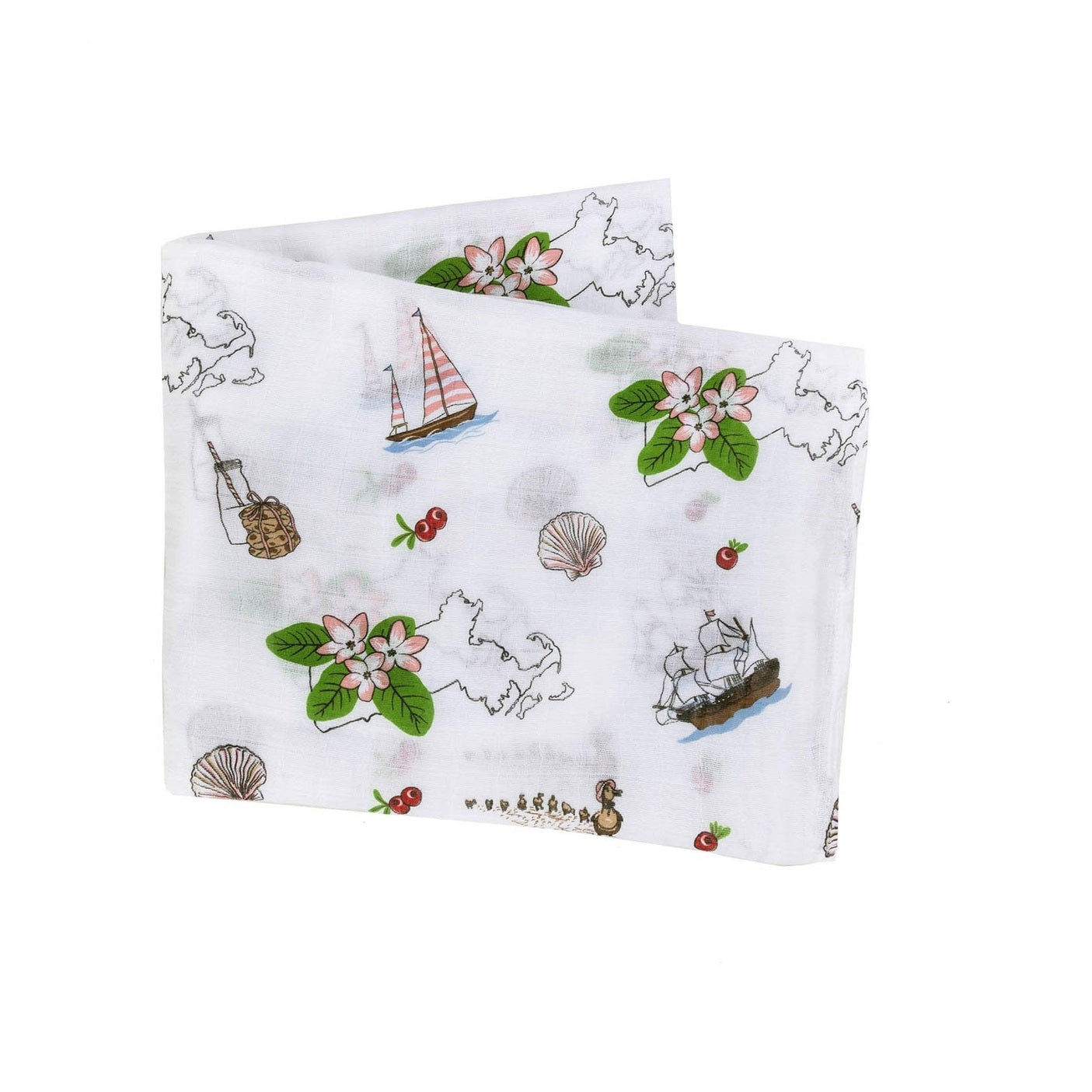 Gift Set: Massachusetts Floral Baby Muslin Swaddle Blanket And Burp Cloth/bib Combo