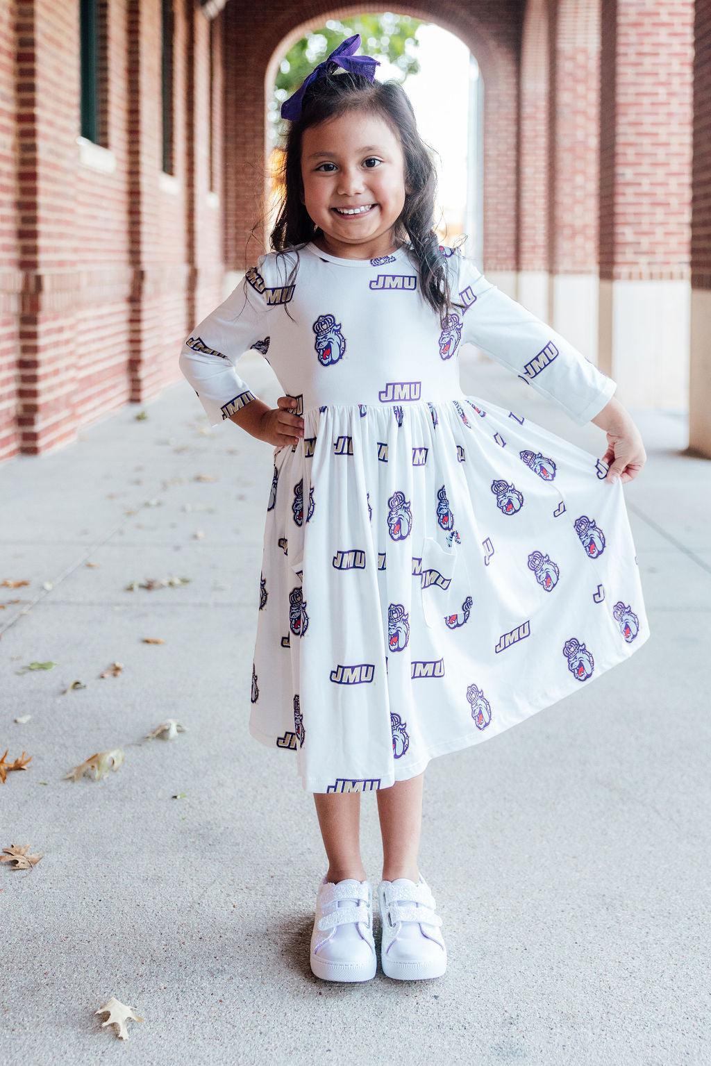 Jmu White Duke Dog 3/4 Sleeve Pocket Twirl Dress