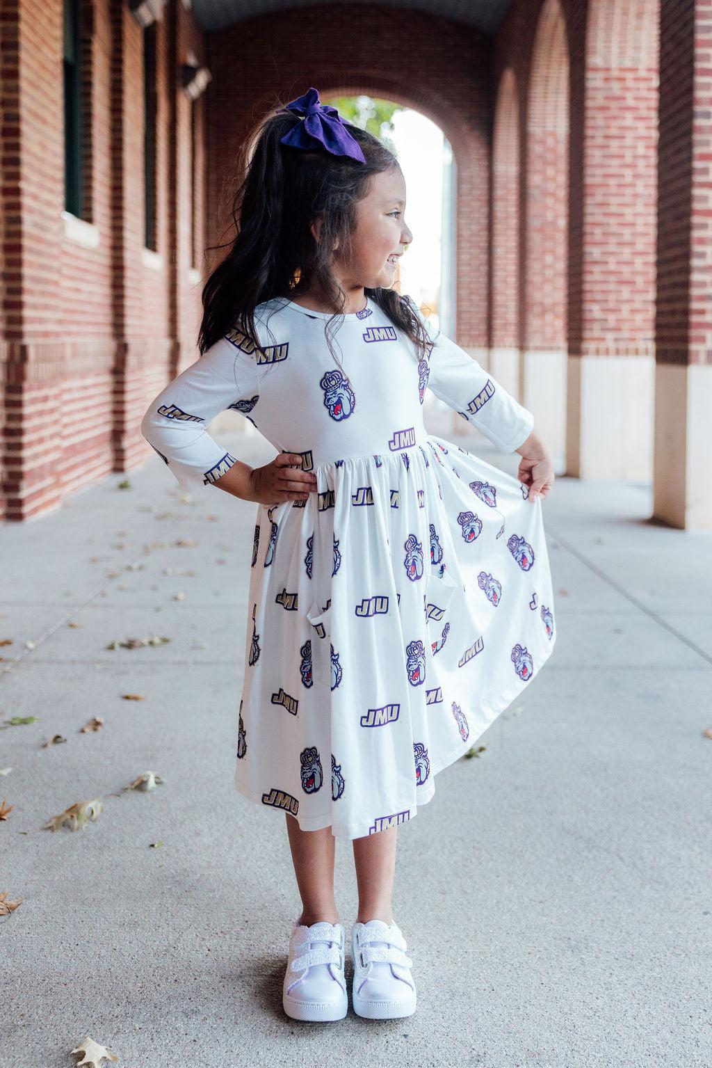 Jmu White Duke Dog 3/4 Sleeve Pocket Twirl Dress