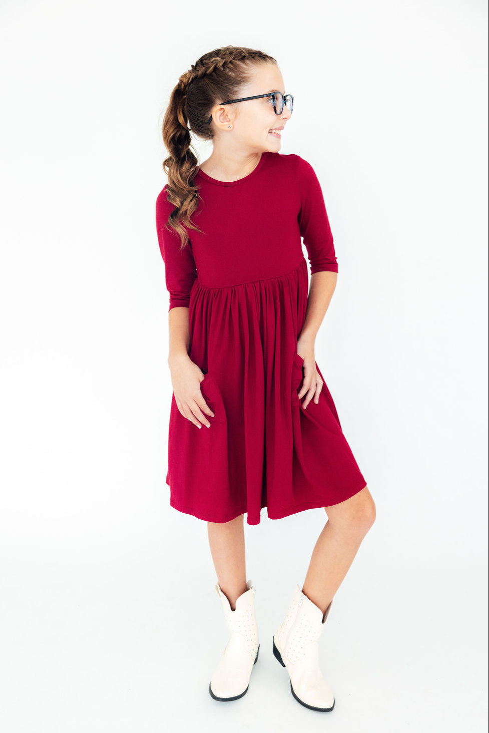 Burgundy 3/4 Sleeve Pocket Twirl Dress