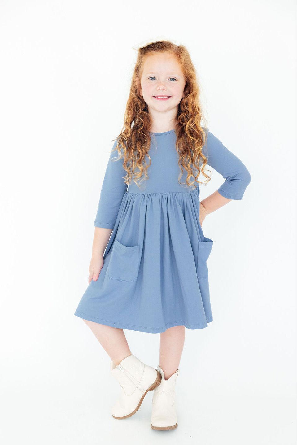 Dusty Blue 3/4 Sleeve Pocket Twirl Dress