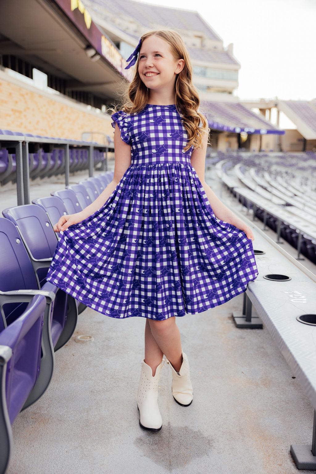Tcu Plaid Frog Flutter Twirl Dress