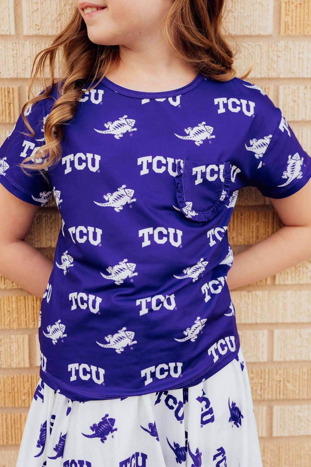 Tcu Purple Frog Ruffle Pocket Tee