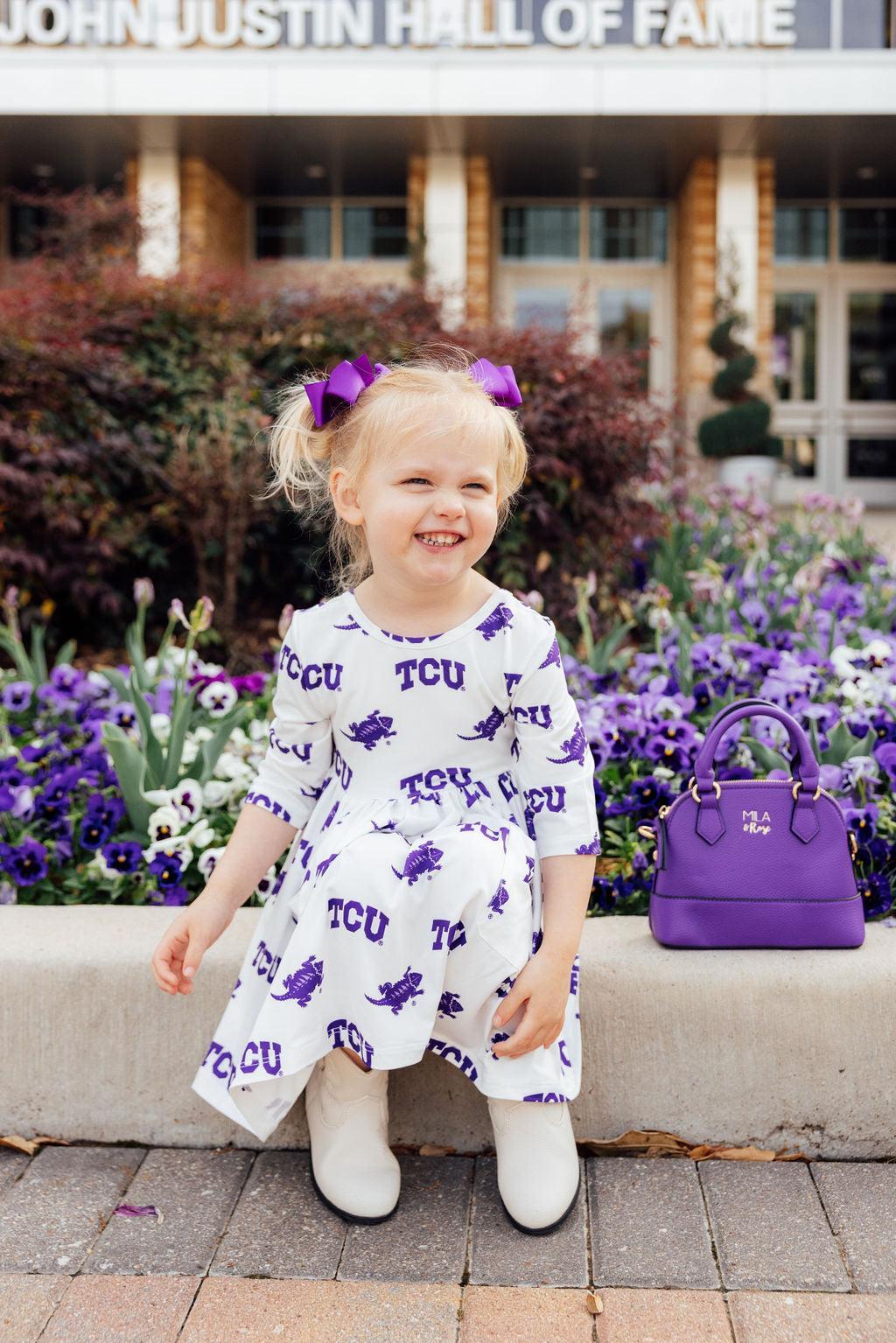 Tcu White Frog 3/4 Sleeve Pocket Twirl Dress