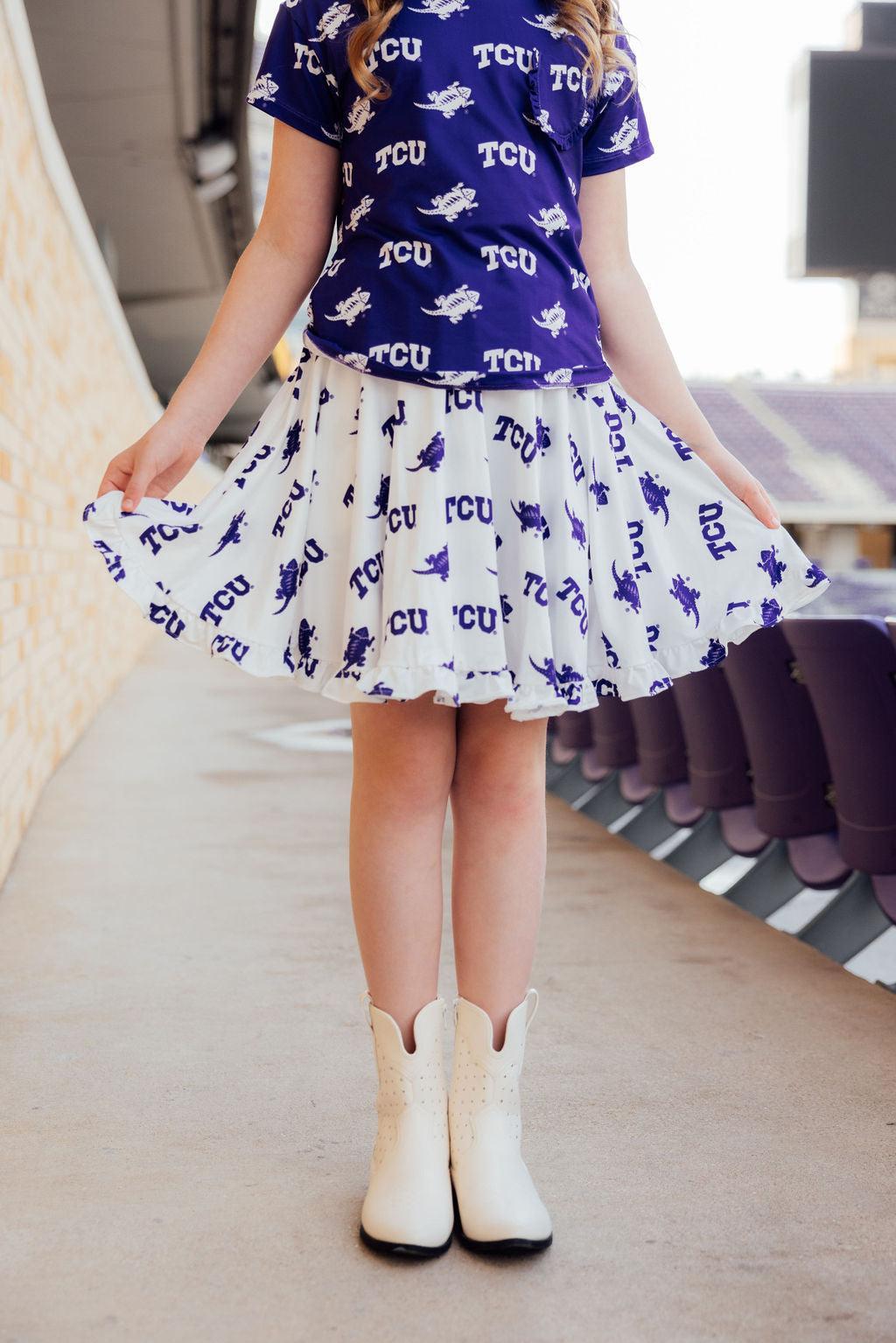 Tcu White Frog Ruffle Twirl Skort