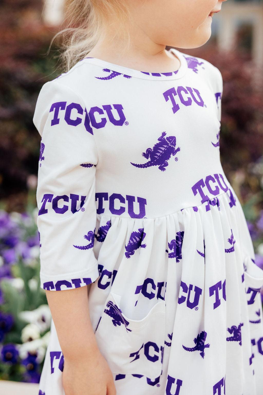 Tcu White Frog 3/4 Sleeve Pocket Twirl Dress