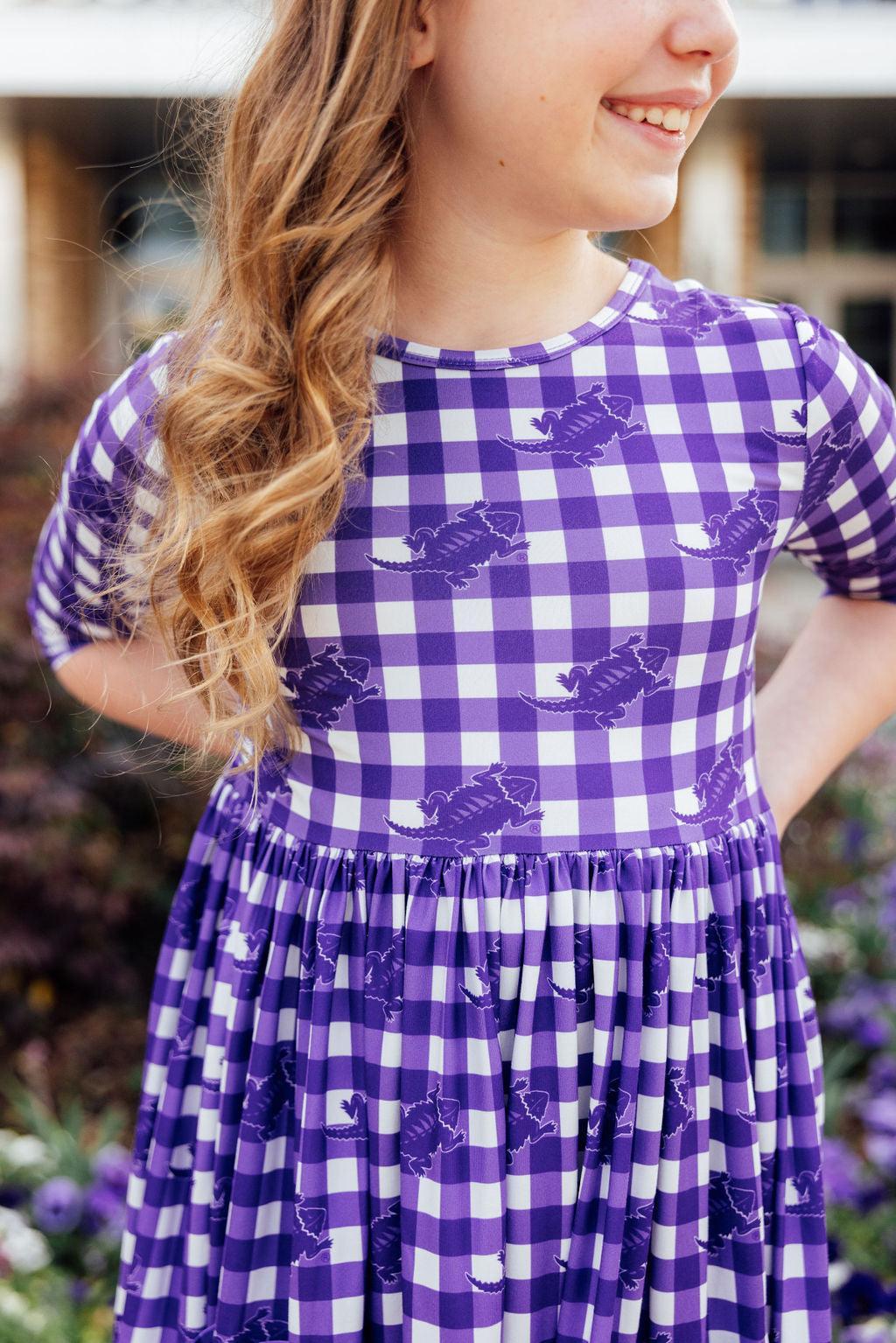 Tcu Plaid Frog 3/4 Sleeve Pocket Twirl Dress